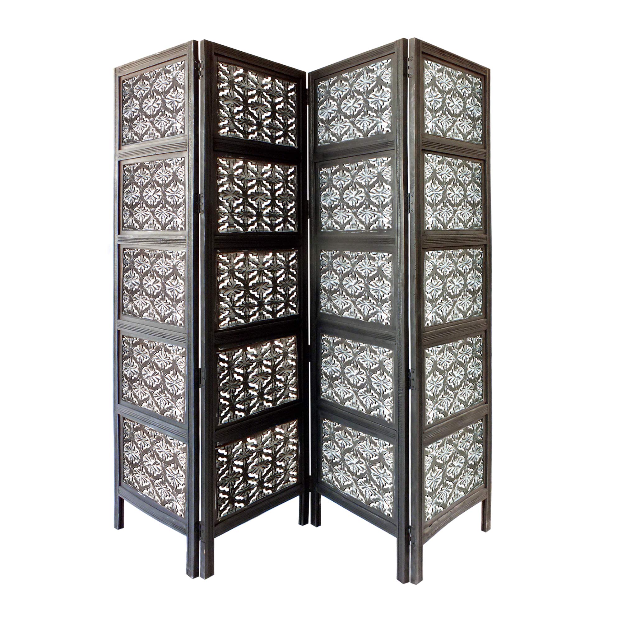 TUP THE URBAN PORTBlack and White Four Panel Mango Wood Room Divider with Traditional Carvings