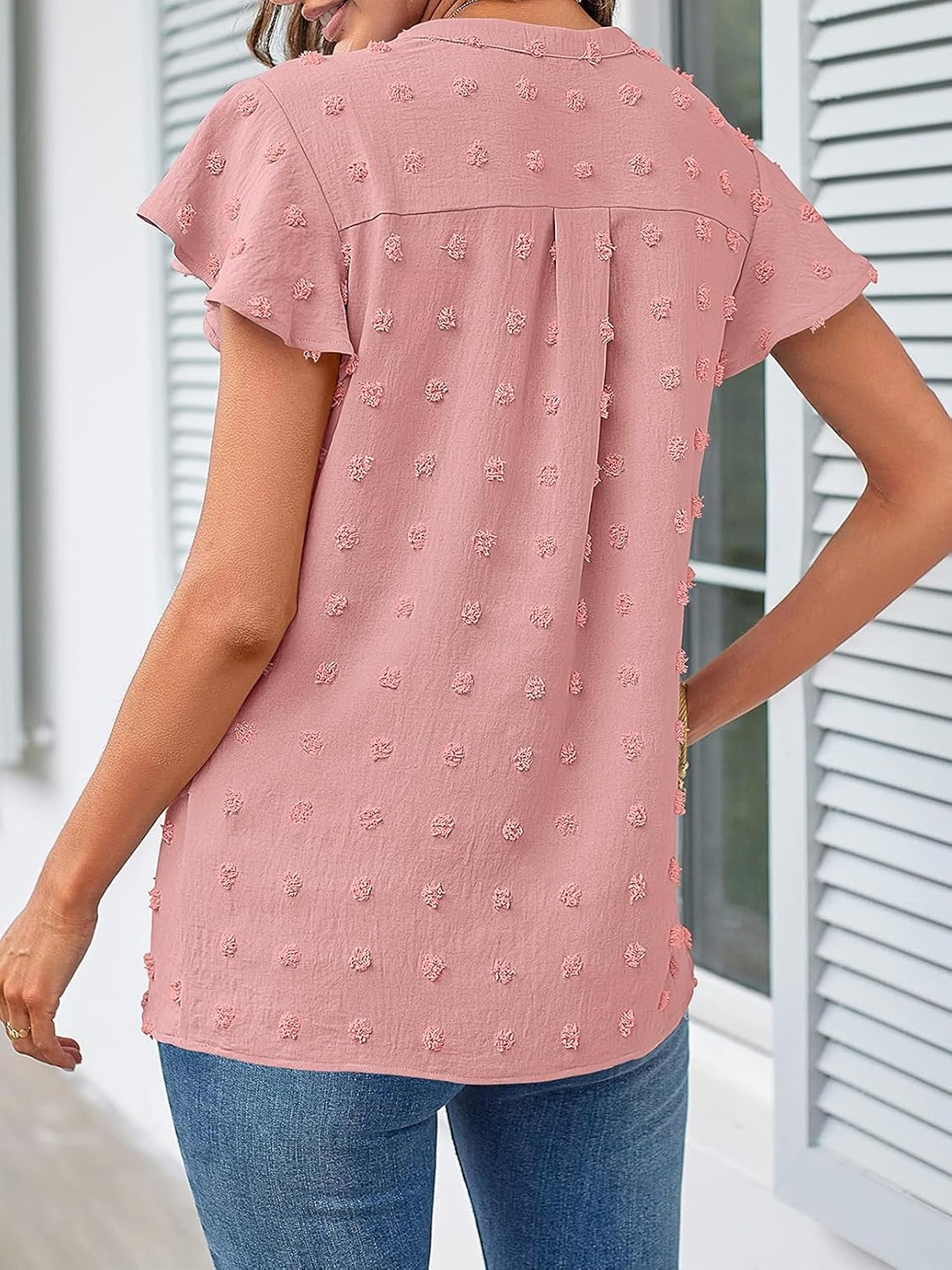 MEROKEETY Women's 2026 Spring V Neck Ruffle Short Sleeve Blouse Summer Swiss Dot Dressy Casual Flowy Shirt Tunic Top - Image 4