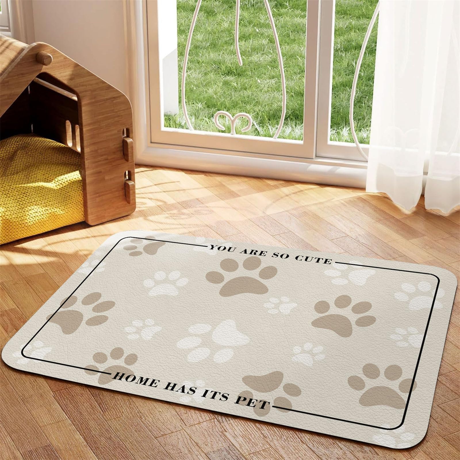 Hearda Feeding Mat Dog Absorbent, Cat Feeding Bowl Mat Dog Quick Drying Feeding Bowl Mat Non-Slip Pet Feeding Mat Underlay Cat Bowl (30 x 40 cm, Beige J)