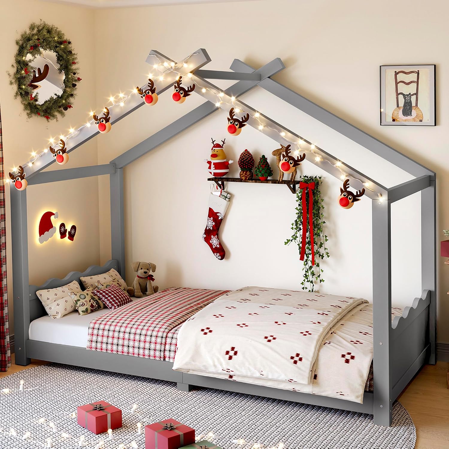 Twin Size House Bed Frame with Open Roof, Montessori Floor Bed with Headboard, No Box Spring Needed, Space Saving for Kids, Espresso