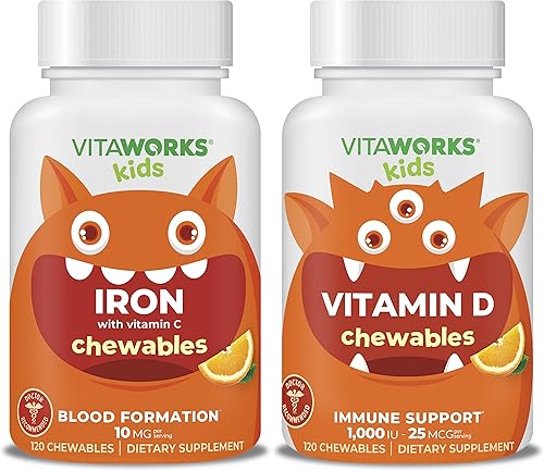 Paquete de hierro para niños de 10 mg + vitamina C masticables + vitamina D3 1000 UI