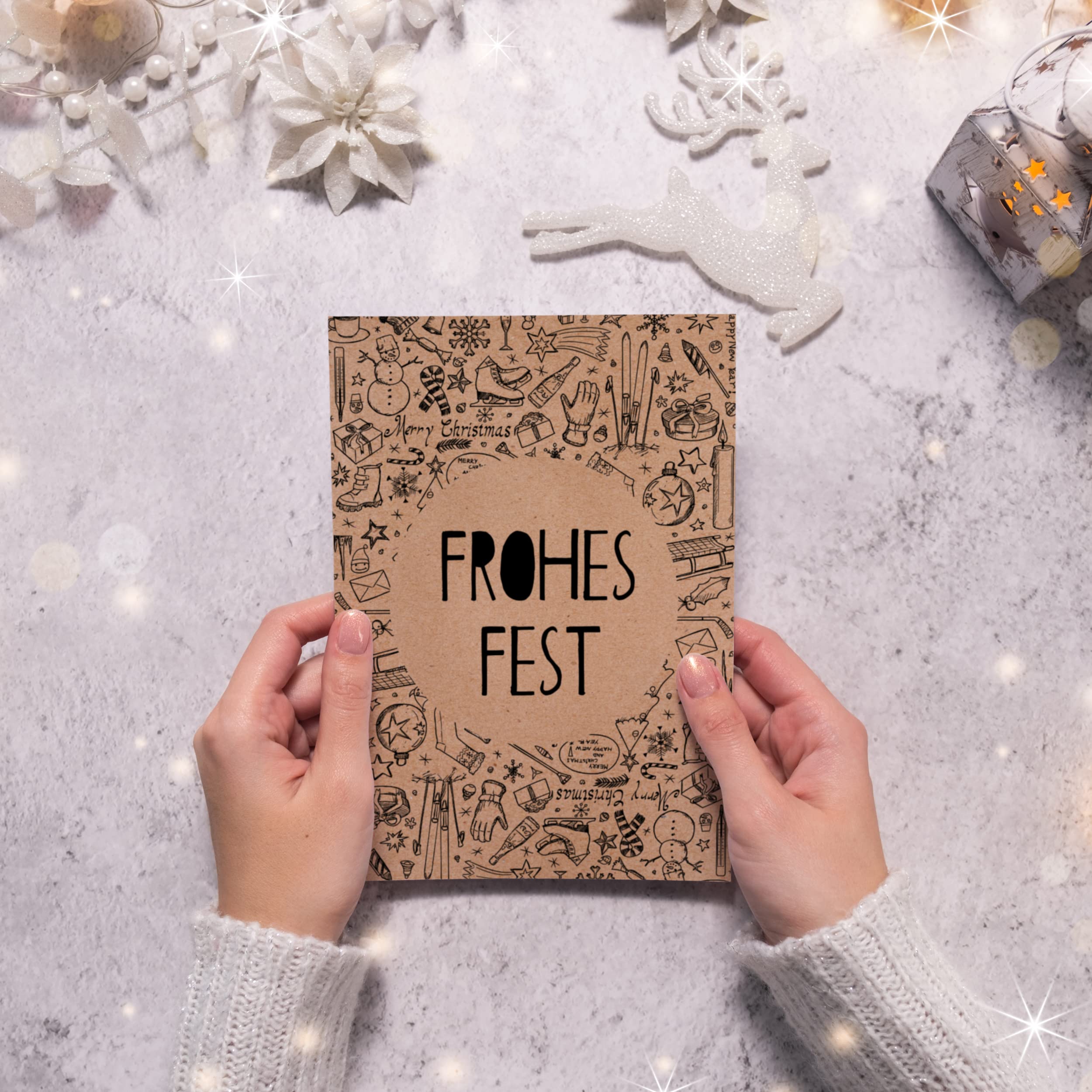Set Di 12 Biglietti Di Natale Con Buste - Formato A6, Carta 300g/m², Motivi Ad Acquerello, Disegnati A Mano, Per Auguri E Regali