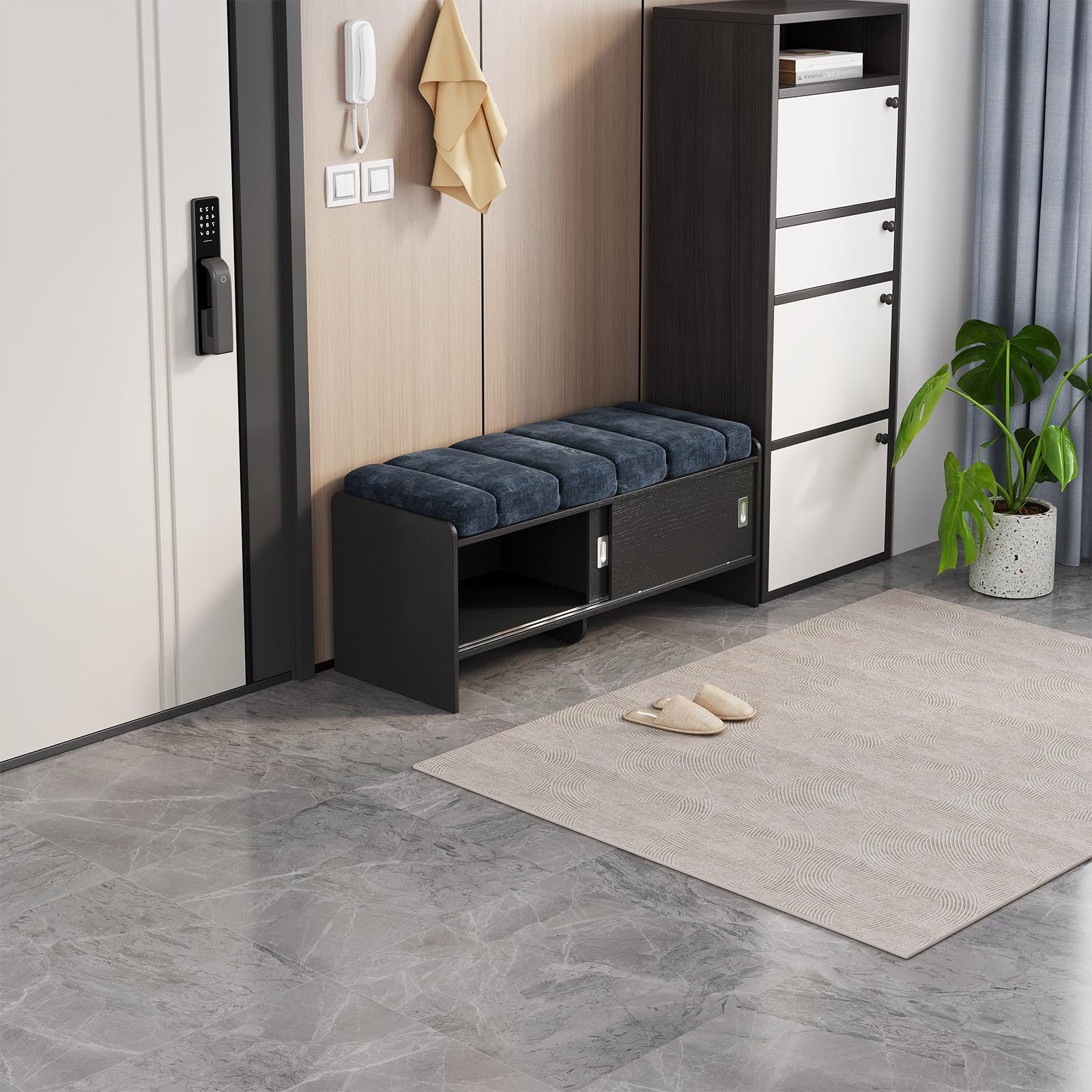 Miuuod 110cm Shoe Storage Bench, Double Deck Shoe Bench with 2 Slide Doors, Shoe Changing Stool with Cushion Padded Seat for Entryway, Living Room, Bedroom and Hallway