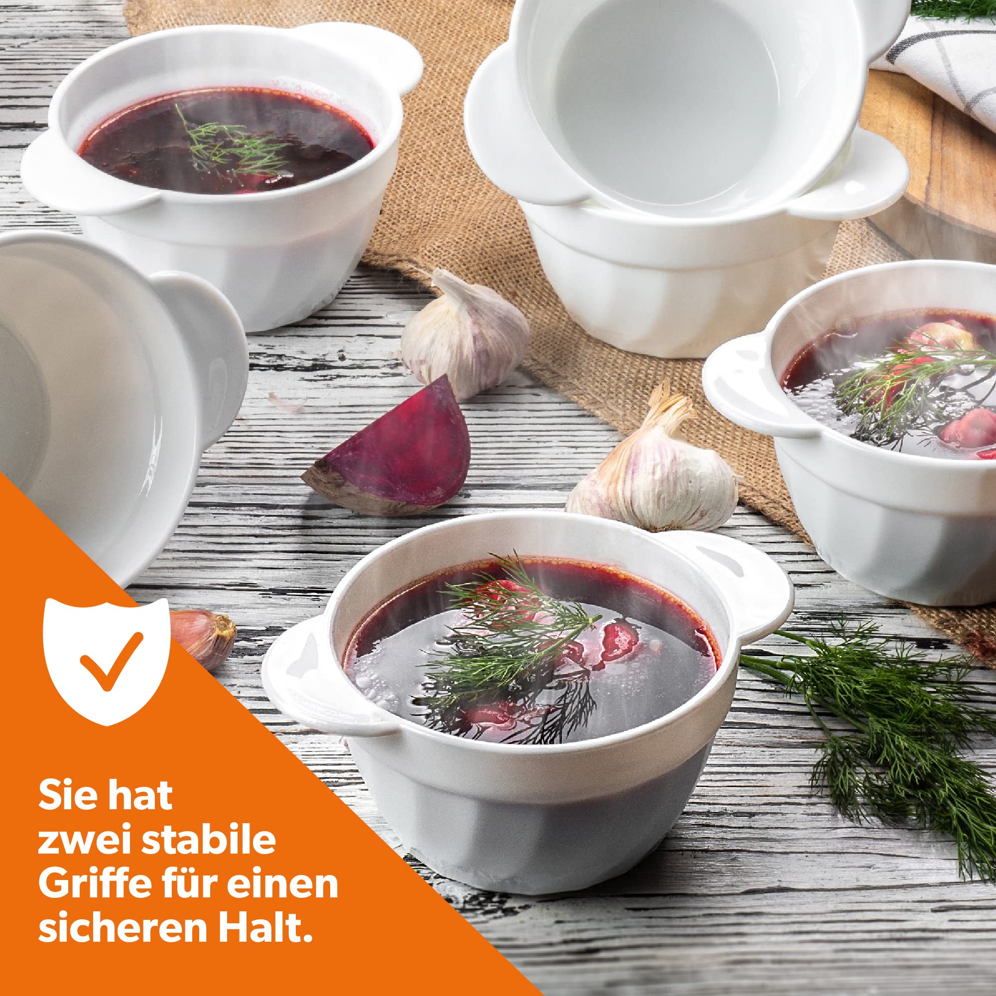 KADAX Suppentassen, 650 ml Suppenschüsseln aus verstärktem Glas, 18,5x14x8cm Suppenschalen mit Doppelgriffen, Suppenterrine für Suppen, Cremes, Brühen (650ml / 6 Stück)