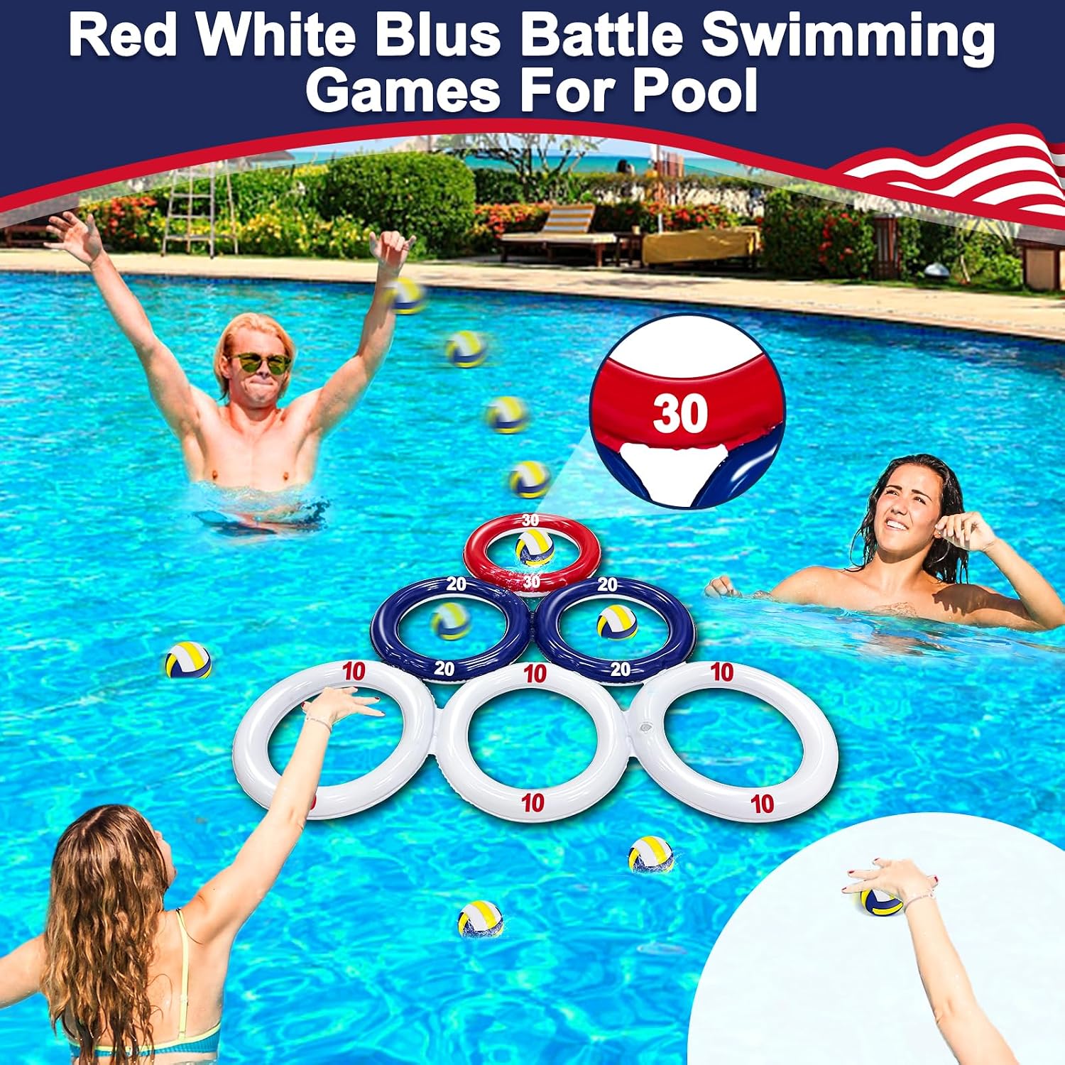 TURNMEON 2 Pack 4th of July Inflatable Pool Toys Games with Score, Triangle Floating Water Sports Pool Toys with 6 Colorful Tossing Balls for Boys Girls Adults Independence Day Party Carnival Parade