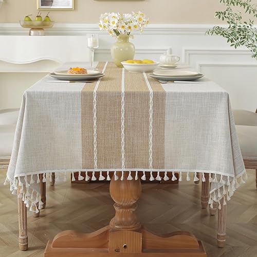 Miniatura 42 de JIALE - Manteles para mesas rectangulares, de lino de algodón, impermeable, sin arrugas, de tela suave con borlas, color beige, 55 x 102 pulgadas