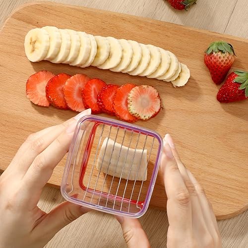 Miniatura 3 de Threlaco Cortador de huevos para cortar huevos y frutas y verduras con placa de empuje, cortador de fresas de acero inoxidable, plátano, fresa para