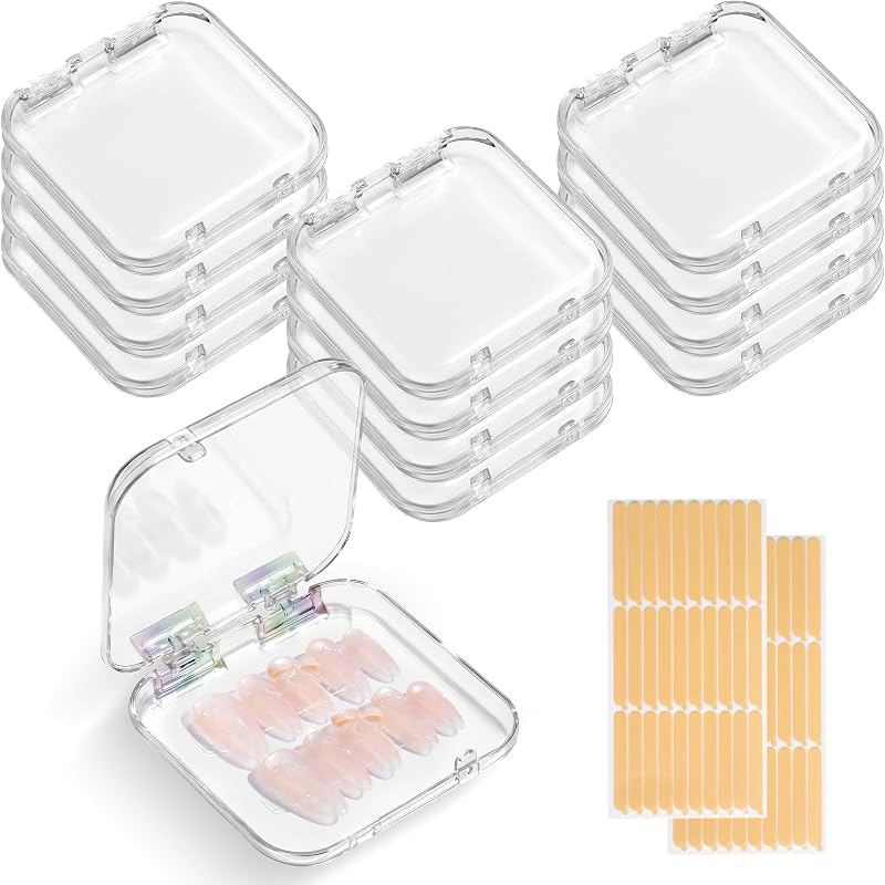 Rkooigm Kit com 12 Caixas Transparentes para Unhas Postiças e 60 Fitas Adesivas