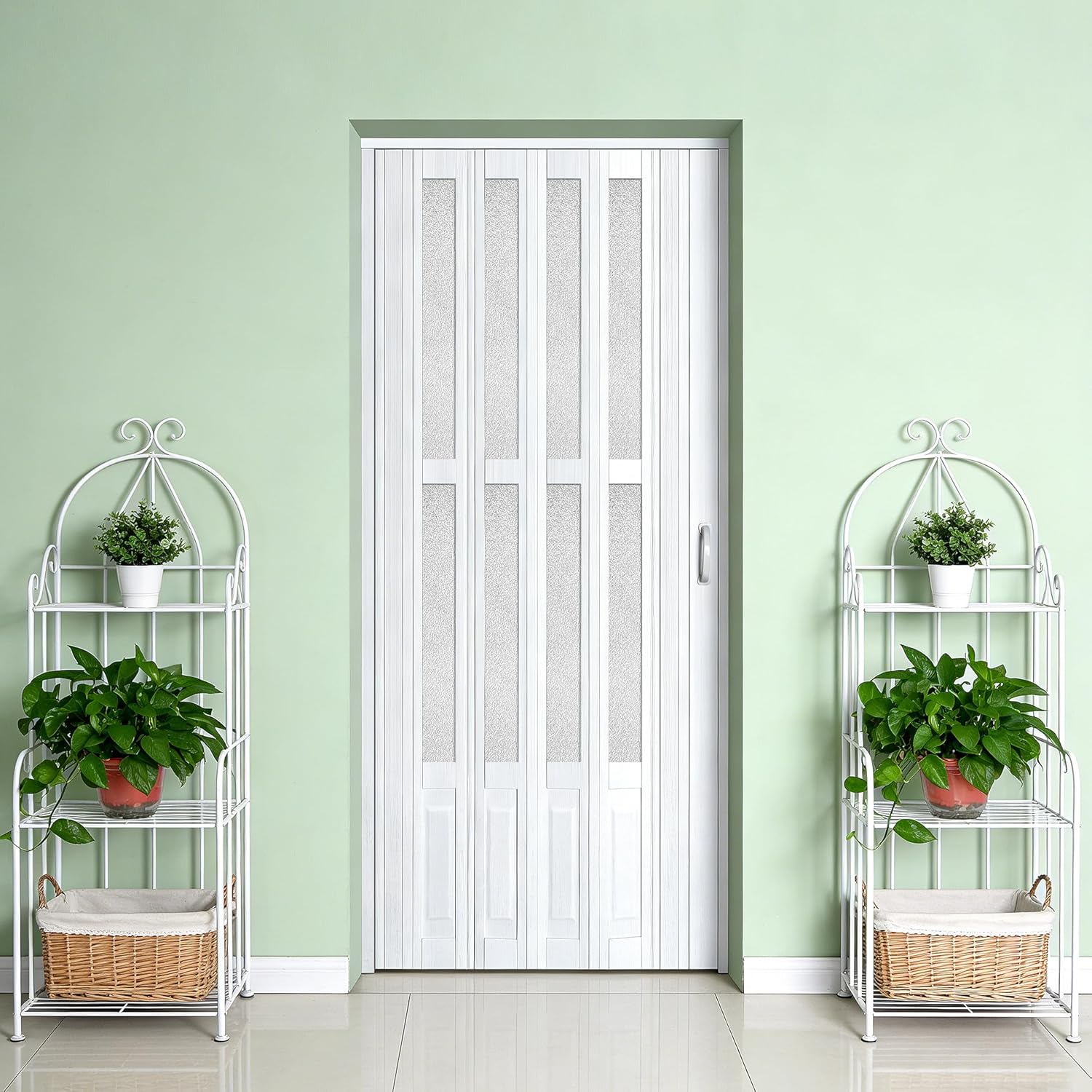 36X80in Accordion Doors Interior,White PVC Folding Door with Handle & Latch, for Closet & Kitchen,Complete Hardware Kit Easy to Install