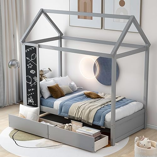Miniatura 98 de KLMM Cama de madera de tamaño matrimonial con valla y puerta, marco de cama de madera para niños o niñas, se puede decorar (valla blanca + puerta)