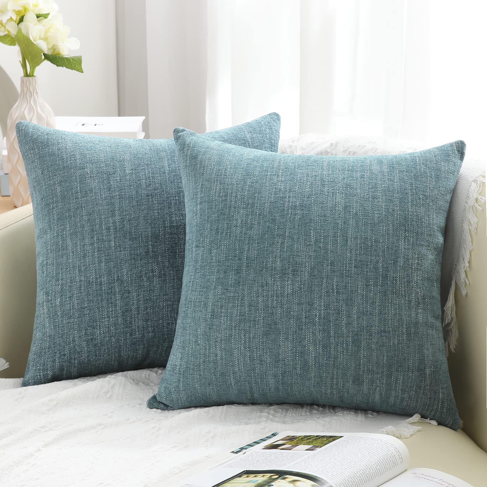 decorUhome Chenille Decorative Throw Pillow Covers 18x18 Set of 2, Farmhouse Textured Square Neutral Solid Accent Pillow Covers for Couch Sofa Bed Living Room Home Decor, Teal