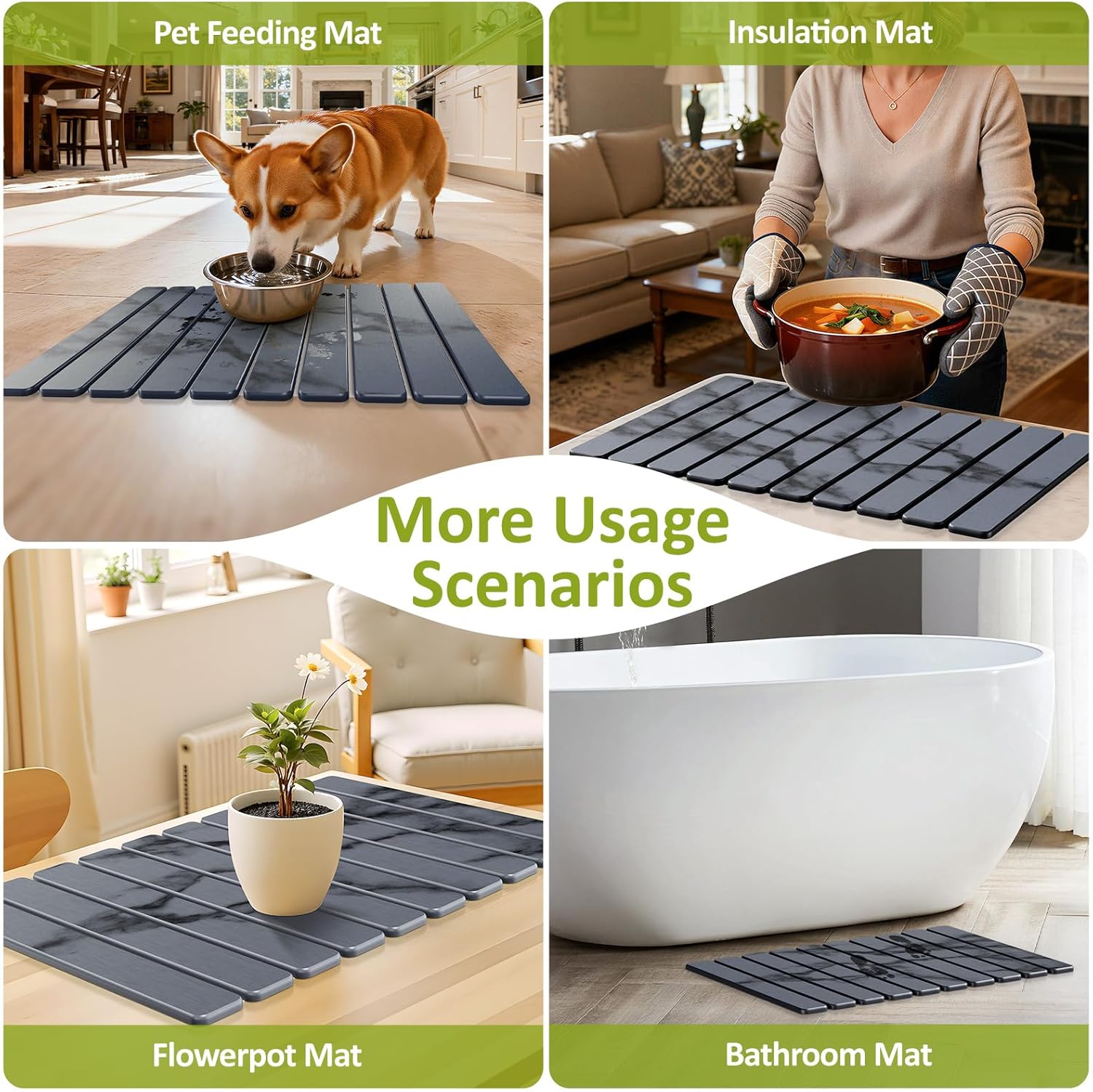 Large Stone Dish Drying Mat for Kitchen Counter, 24"(L)×16"(W), Collapsible Quick Dry Stone Dish Mats, Super Absorbent Diatomaceous Earth Drying Pad for Dishes Bottles Cups, Countertops (Marble)
