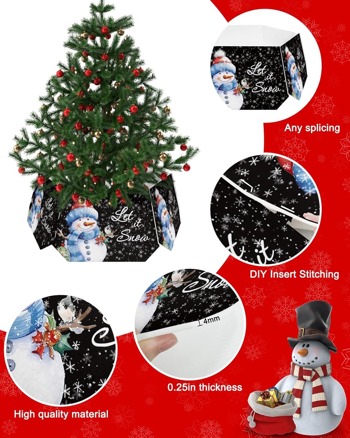 Christmas Tree Collar 4PCS-14.5"x 10", Christmas Tree Ring Merry Christmas Snowman with Robin Black Christmas Tree Stands Skirts Base Covers for Xmas Holiday Home Decor