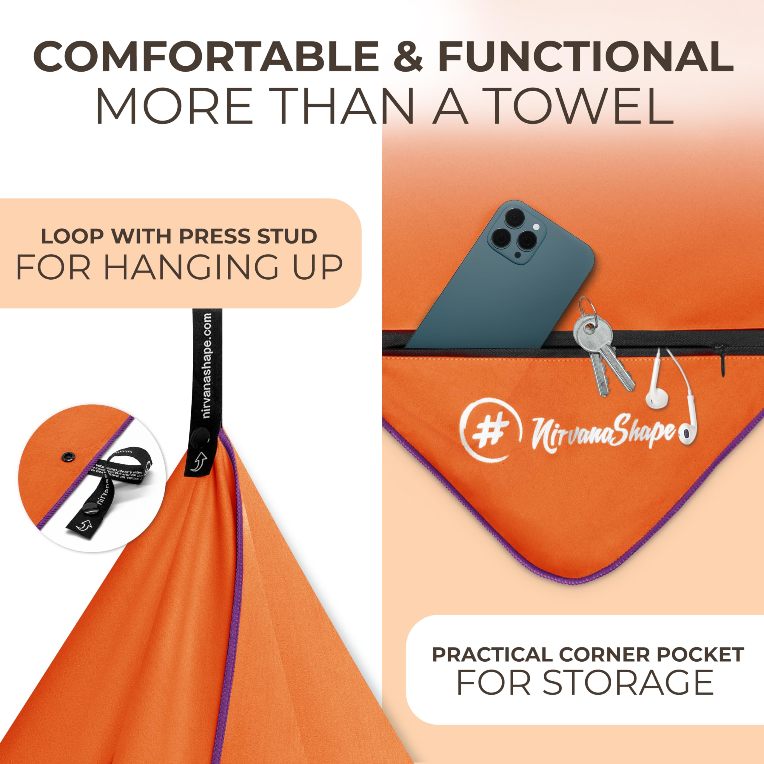 NirvanaShape Microfiber - Large Towel for Beach Travel, Fitness, XL 200 x 100 cm, Orange / Violet Seam, XL: 200 x 100 cm - Image 4