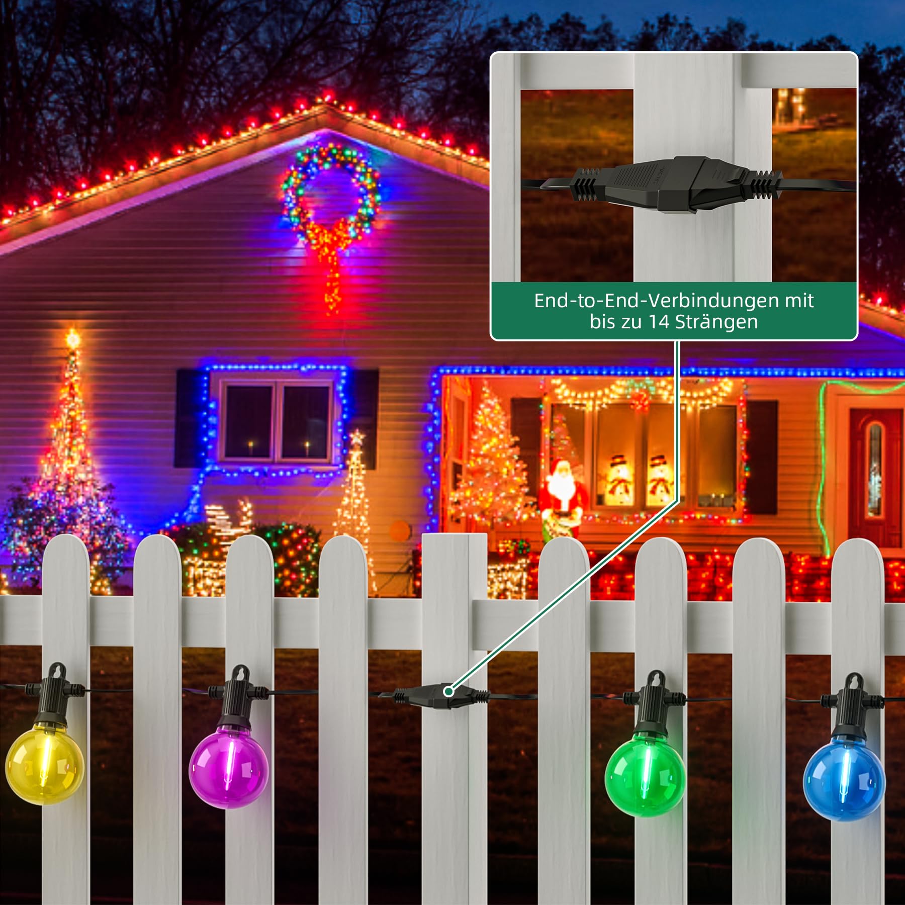 Zuske Bunte LED Lichterkette Außen 15m, 25 G40 Bunte Glühbirnen, mit Stecker, IP65 wasserdicht, für Weihnachten Erntedankfest Geburtstag Party Garten Terrasse Balkon Hochzeit