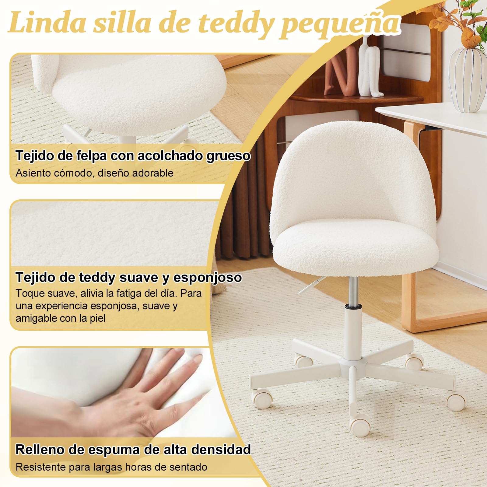 Silla de Escritorio, Silla Tocador, Oficina y Tocador, con Ruedas, Altura Regulable, Silla Compacta para Estudio, Dormitorio, Oficina en Casa, Tejido Teddy (Blanco)