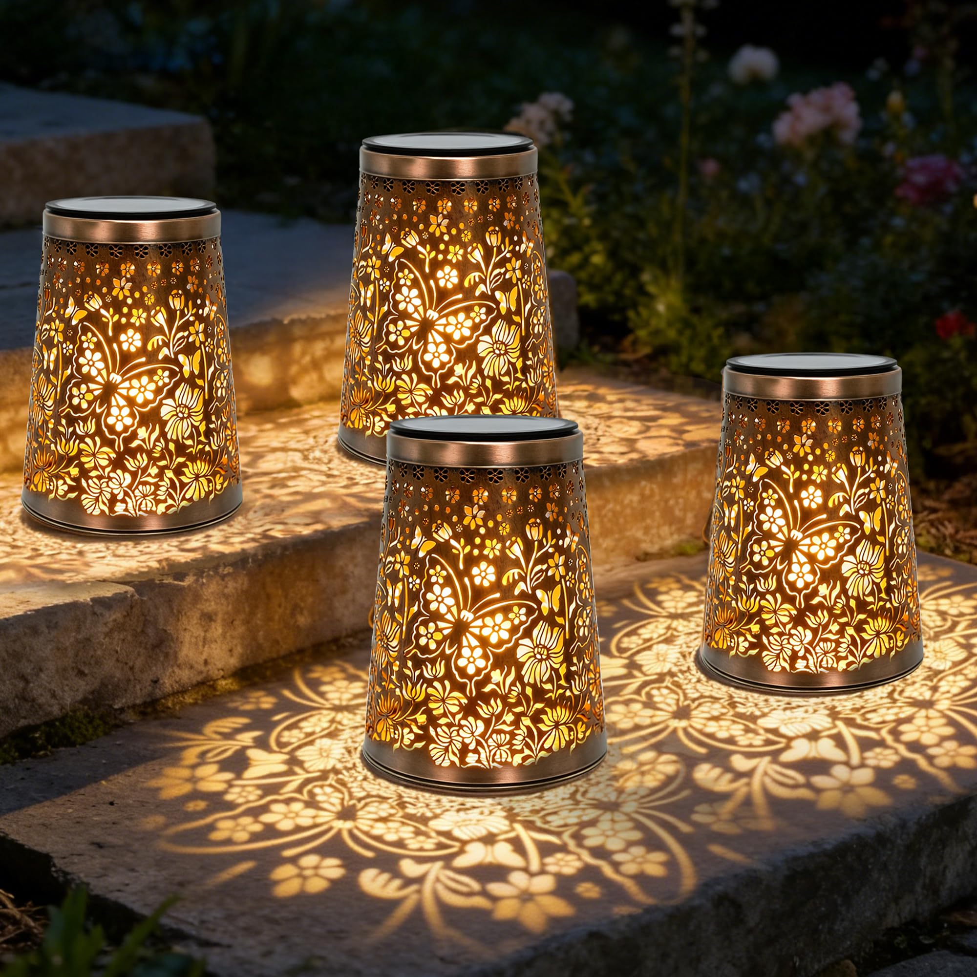 Solarlaterne für Außen 4 Stück, Schmetterling Solarlampen für Außen Garten IP65 Wasserdicht Metall Solarlampen für Außen Hängend Geschenke für frauen Mama Oma für Deko Garten Balkon Terrasse