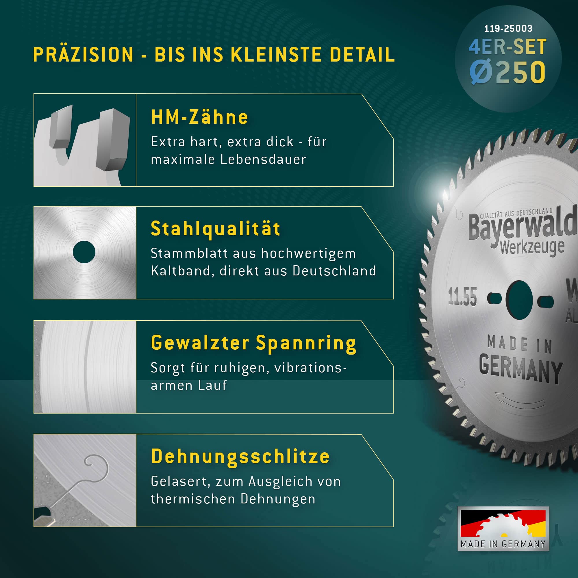 Bayerwald zestaw brzeszczotów do piły tarczowej Ø 250 (4-częściowy) – do metalu nieżelaznego i drewna – nadaje się do stołowych pilarek tarczowych firmy Bosch, Metabo, Mafell, Scheppach, Dewalt i wielu innych.