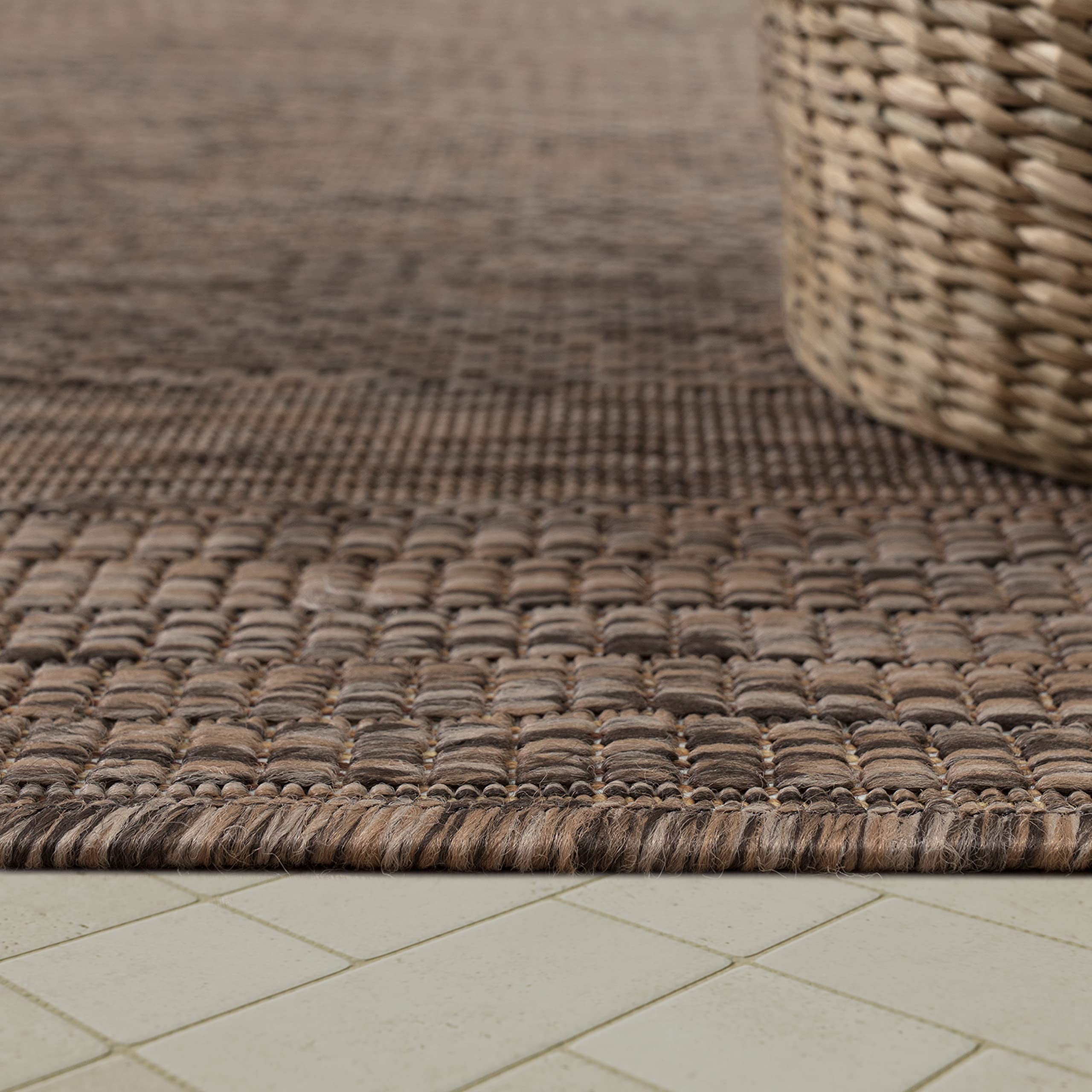 Paco Home Outdoor Teppich wetterfest & pflegeleicht Flachgewebe in Sisal-Optik mit Bordüre UV-beständig Modern für Balkon, Terrasse, Garten, Wohnzimmer, Grösse:160x220 cm, Farbe:Braun