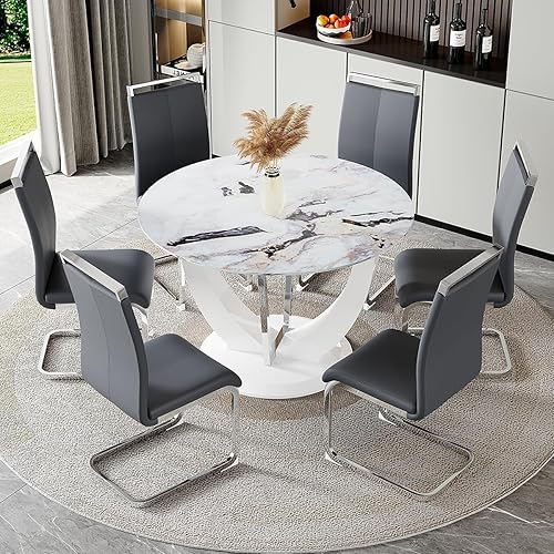 Miniatura 53 de JUFU Juego de mesa redonda de comedor para 6 con sillas, juego de mesa y sillas de 48" compuesto por 6 piezas con superficie de mármol y asiento