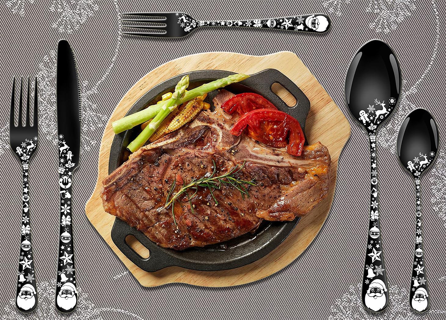 XIAOYU Ensemble d'argenterie de Noël 20 pièces, ensemble de couverts en acier inoxydable à motif unique du Père Noël, service pour 4, ensemble de couverts de table pour Noël Halloween Pâques