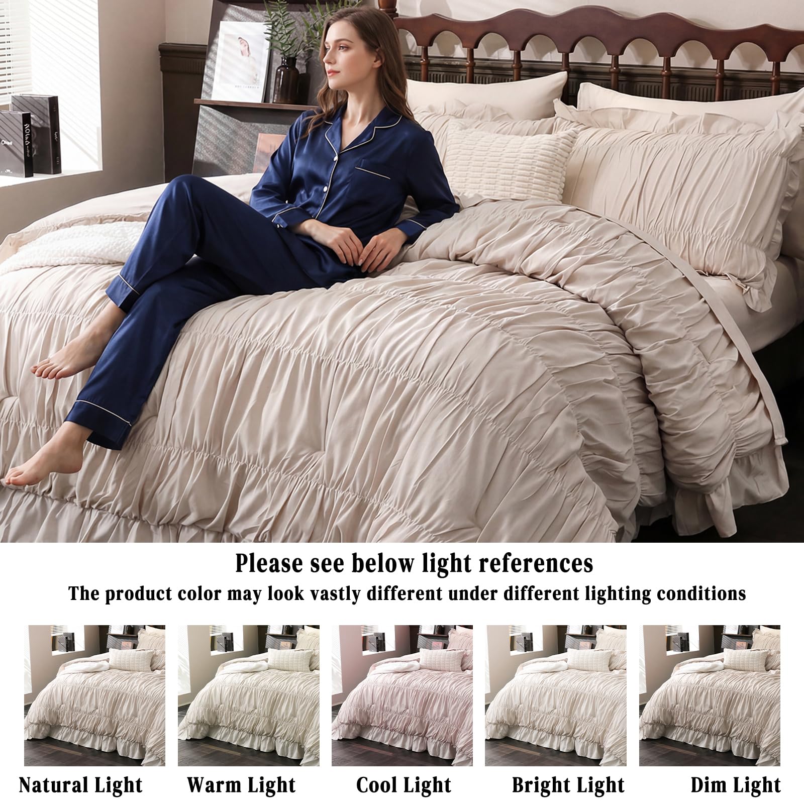 Herside Beige Comforter Set King SizeRuched Boho Bedding 9-Piece Bed- — product photo