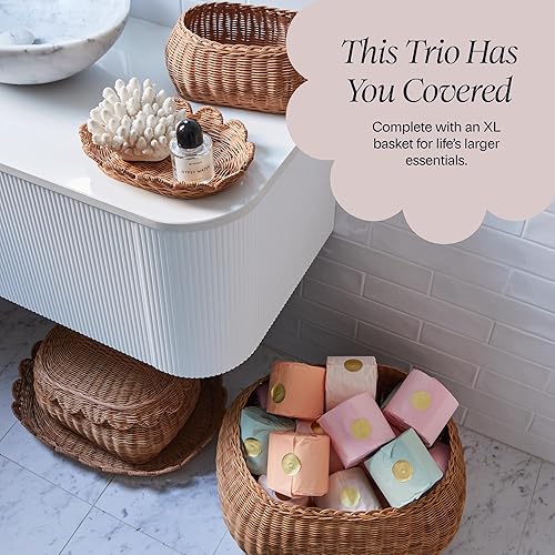 Miniatura 5 de BEBE BASK Juego de 3 cestas festoneadas grandes, tejidas a mano y galardonadas, tamaño XL, para mantas de 22 x 16 x 10 pulgadas, elegante mimbre con