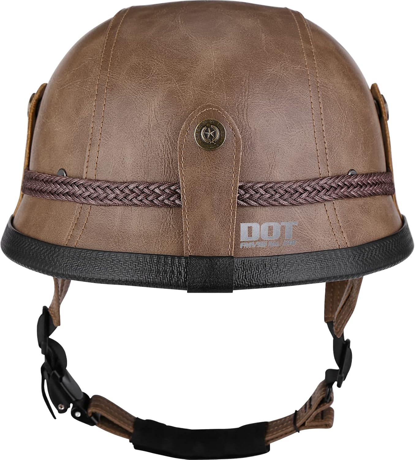 Motorcycle Half Helmet Retro German Handmade Leather Half Face Quick Release Buckle & Goggles - DOT Approved (Light Brown, L)