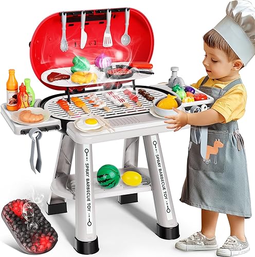 Juego de 68 piezas de parrilla de barbacoa  con humo, luz, sonido y comida, juego de cocina para niños, juguete de parrilla de juego al aire libre