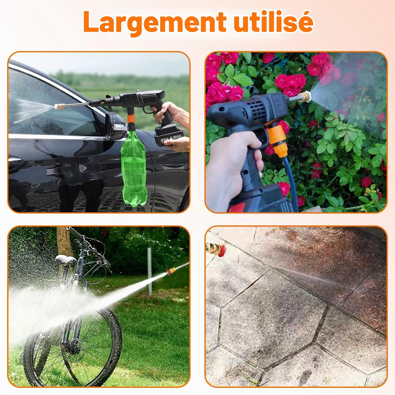 Lave-linge haute puissance sans fil 21 V haute puissance avec 2 batteries et tuyau de 5 mètres, machine à laver électrique portable, outil de lavage à jet avec buse réglable