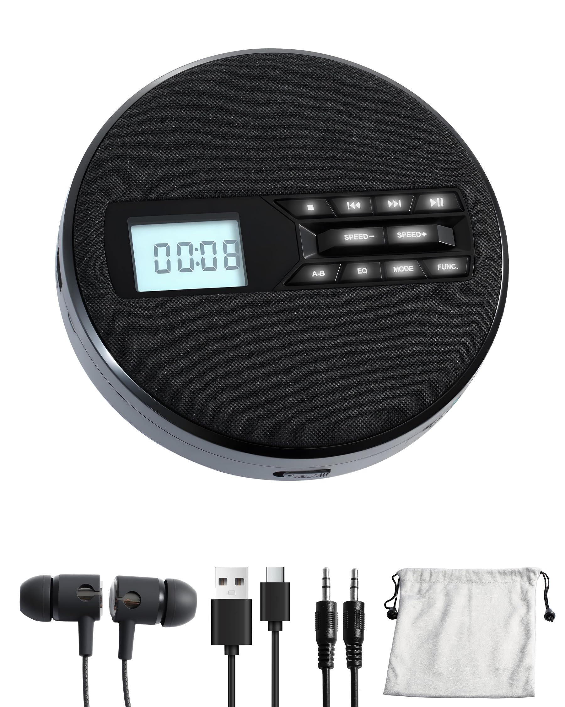 Photo 1 of CD Player Portable with Speakers - Rechargeable Personal CD Player for Car and Home, Small Fabric Music Player with Backlit Display, Anti-Skip, AUX/USB Port - Ideal for Audiobooks & Gifts