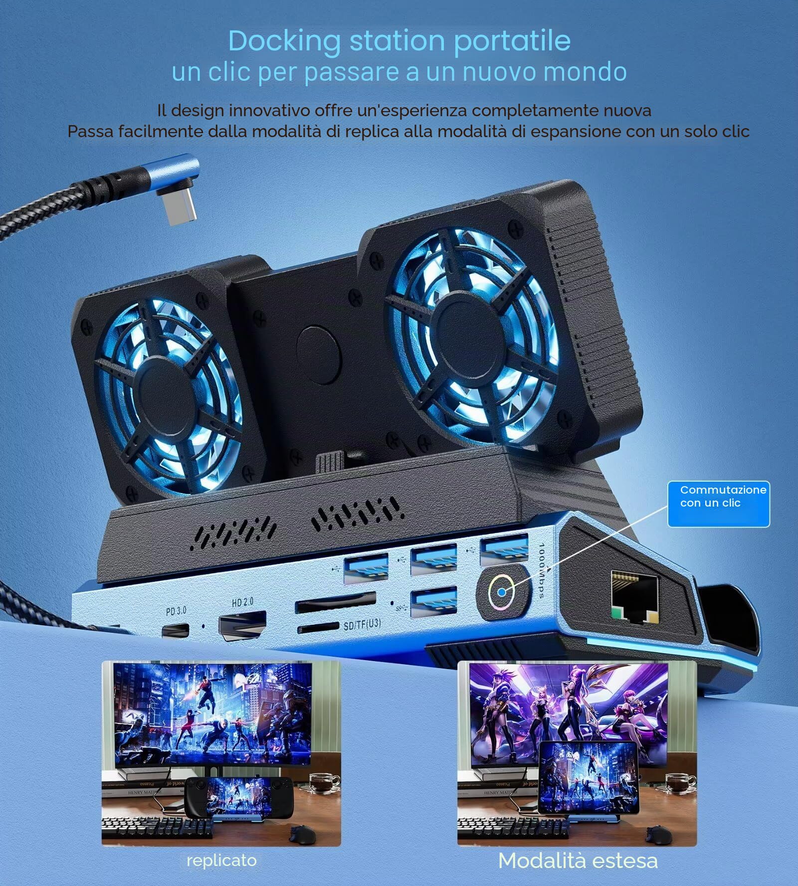 YCE 13 in 1 ventole di raffreddamento smontaggio Steam Deck Docking Station con 4K @ 60Hz, 1000MB Ethernet, SD/TF, 4 USB A, 100 PD ricarica 40Gbps adattatore per Steam Deck/Rog Ally/Switch/Legion Go