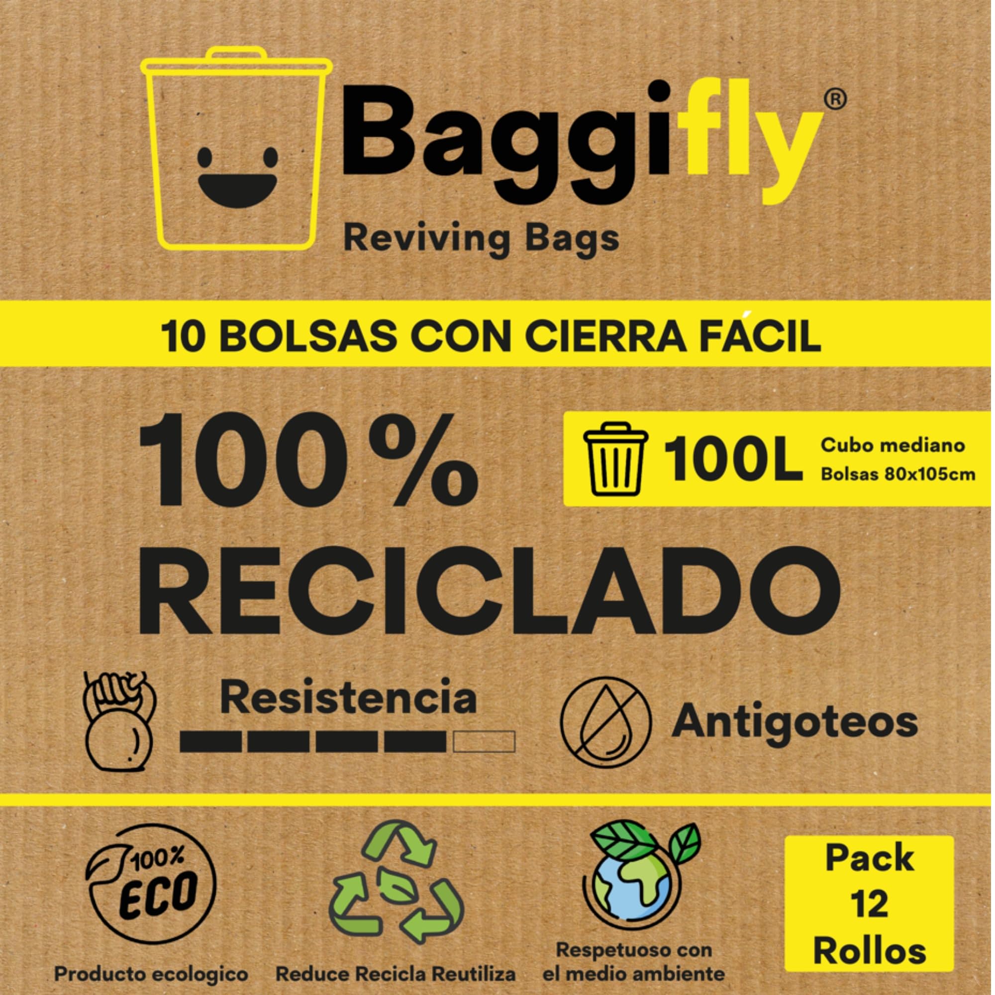 Baggifly, Bolsas de Basura 100L, 120 Bolsas Súper Resistentes, 100% Recicladas, ECO Friendly, Hostelería, Comercios y Jardinería, Pack 12 x 10, Fabricado en España