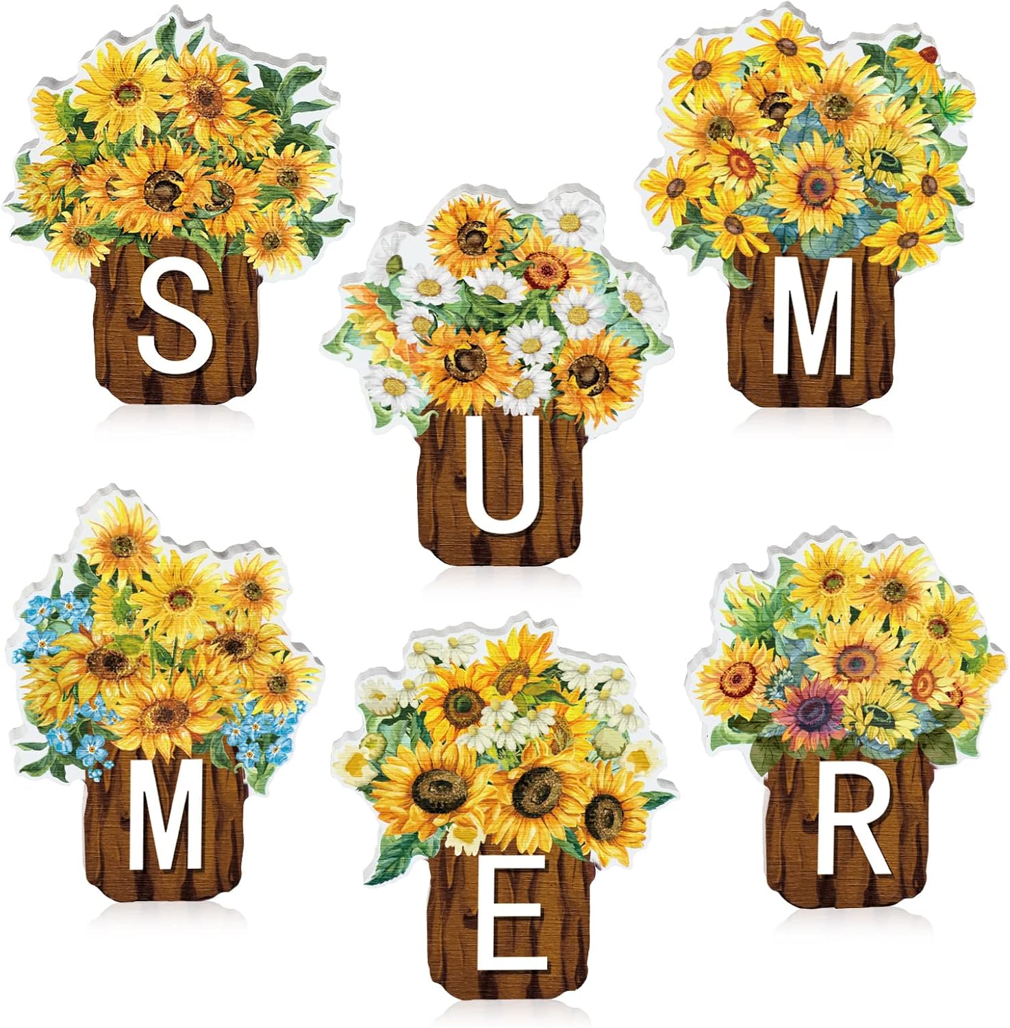 Maitys 6 Pcs Sunflower Summer Table Decor Wood Block Signs