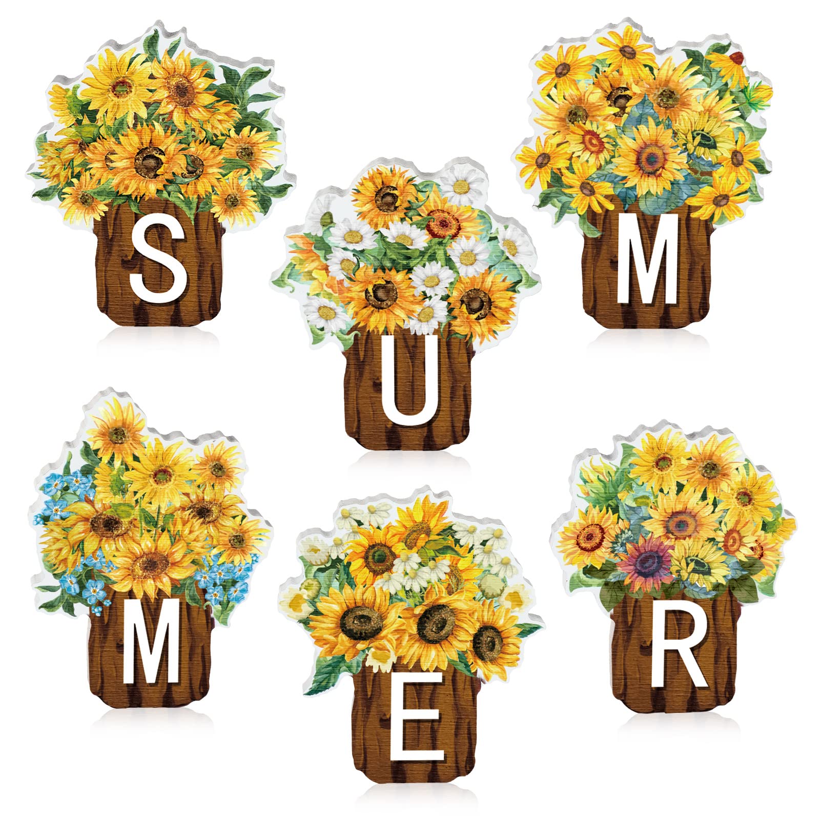 Maitys 6 Pcs Sunflower Wooden Table Signs Decoration Summer Farmhouse Tiered Tray Decor Flowers Tabletop Centerpiece for Home Kitchen Shelf Decor Party Favor(Sunflower)