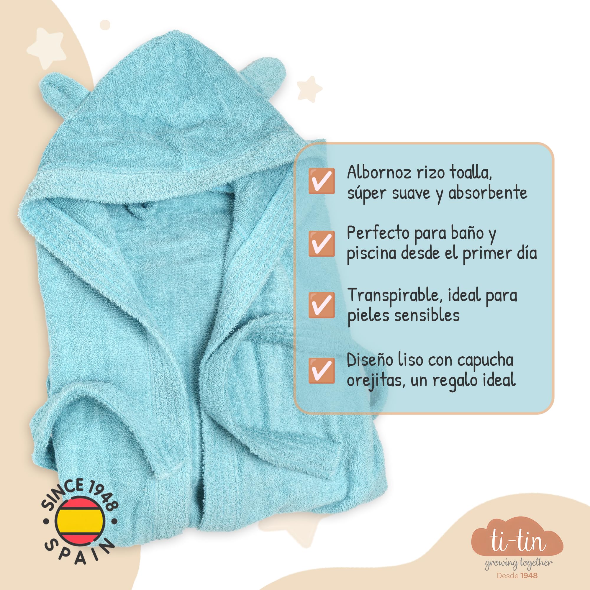 Albornoz Infantil Ti TIN con Capucha y Bolsillos Laterales 100% Algodón Rizo de Toalla