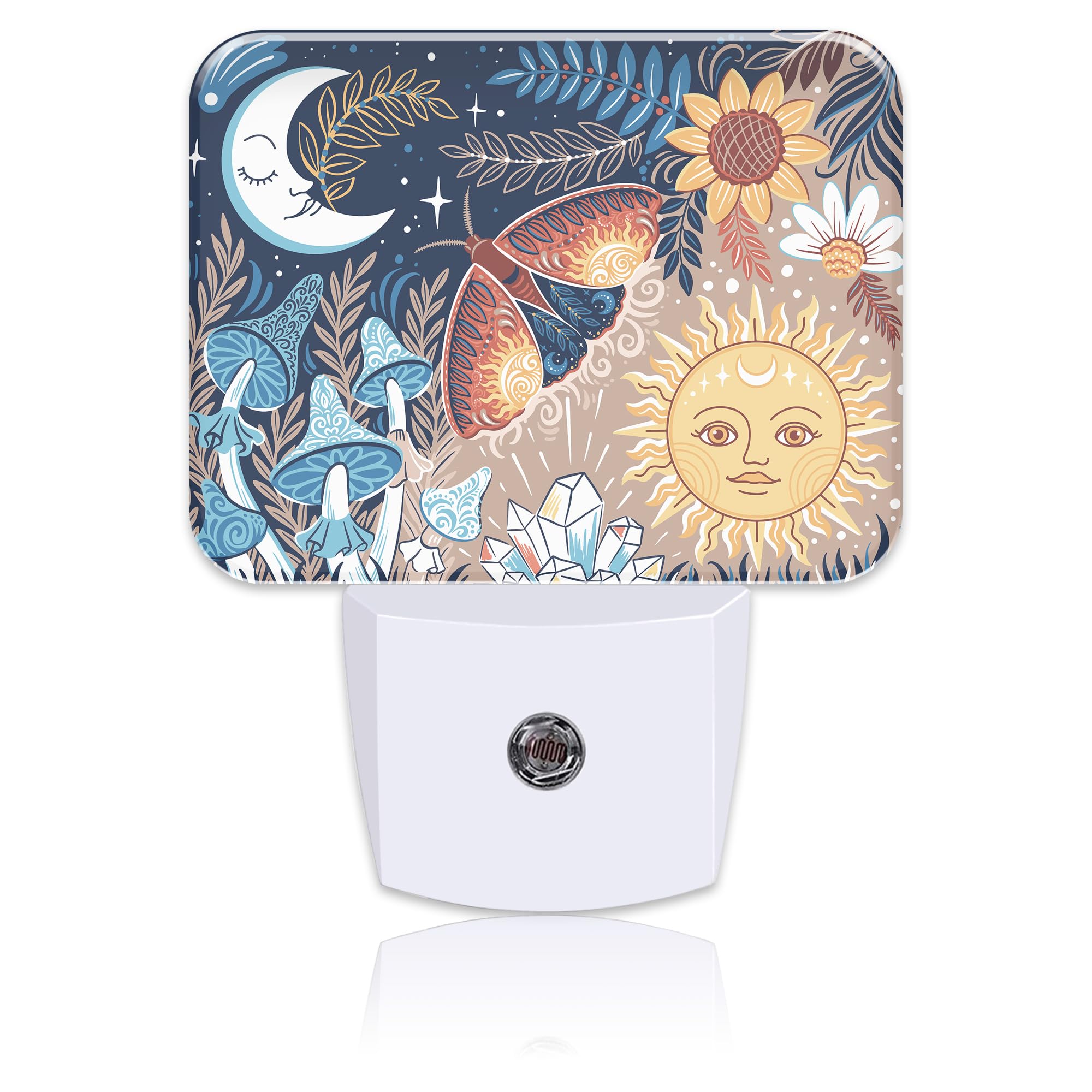 Boho Moth Mushroom Night Light for Kids, Sun and Moon With Faces LED Night Light Plug into Wall with Dusk to Dawn Sensor for Girls Boys Women Men Room, Hallway, Kitchen, Bathroom, Stairs Decor