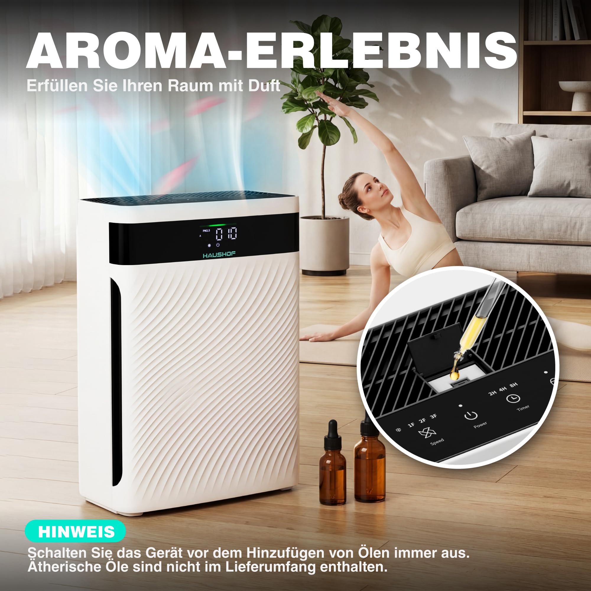 HAUSHOF Luftreiniger Allergiker mit HEPA Luftfilter entfernt 99,97% Partikel wie Staub, Pollen, Tierhaare, CADR 250 m³/h, PM2.5 LED-Anzeige, mit Haustier-Modus, 30dB Schlafmodus, Aromatherapie