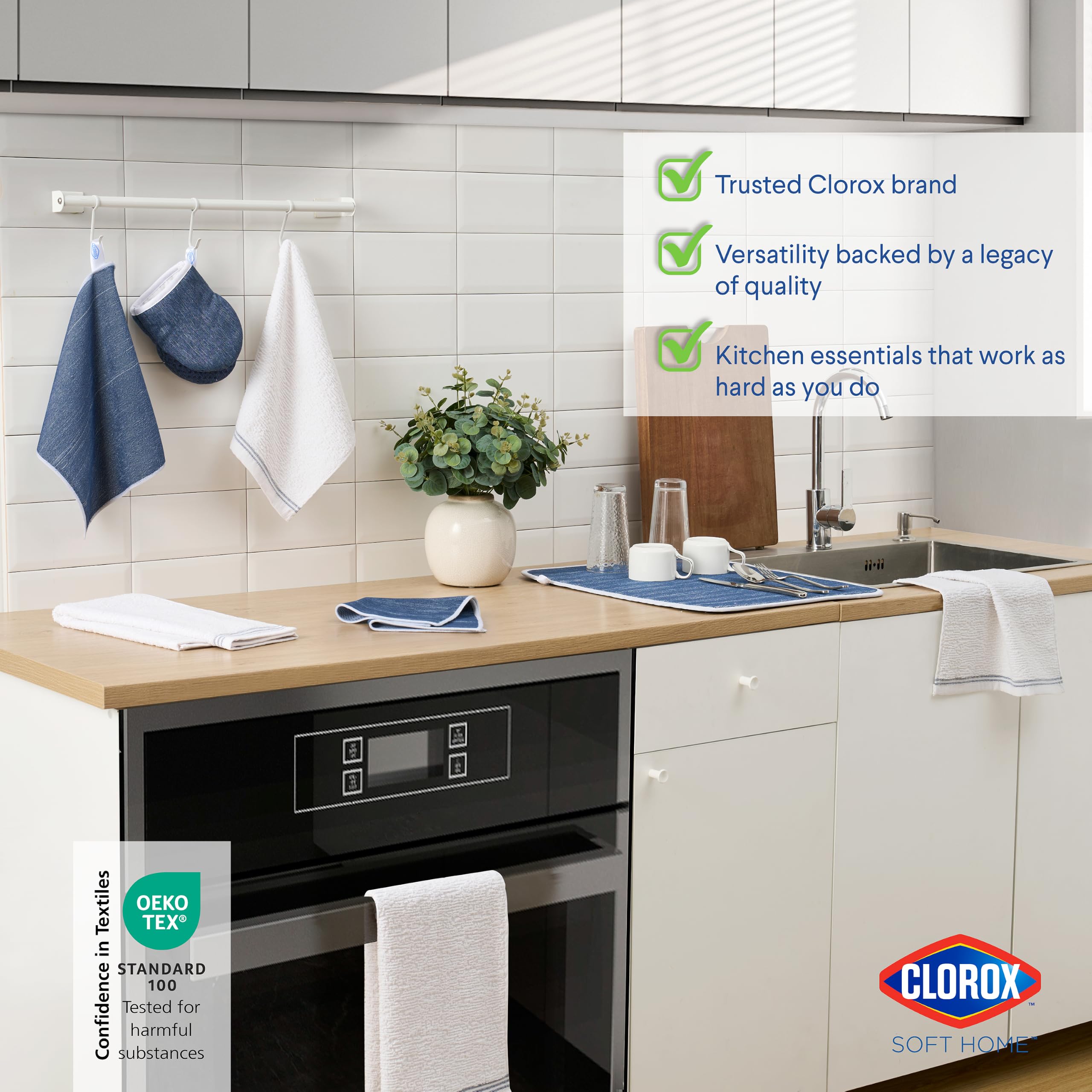 CLOROX Ensemble de cuisine de qualité supérieure – Parfait pour le nettoyage et la manipulation de la vaisselle – 2 torchons de cuisine en coton, 2 mini gants de cuisine, 1 tapis de séchage, 2