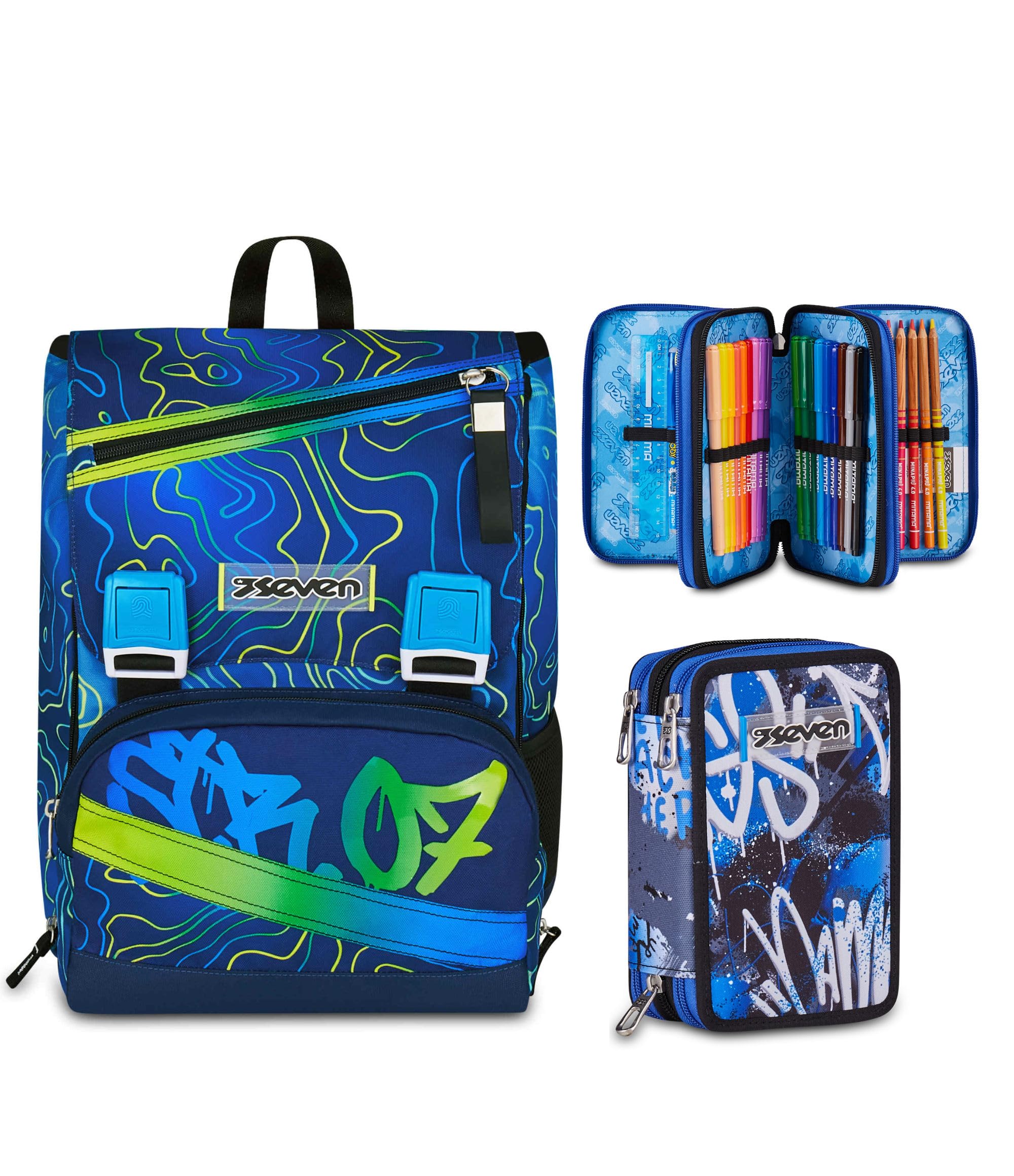 Seven Zaino Doppio Scomparto Estensibile Seven, Blu, Schienale Preformato, Bambino Scuola + Astuccio 3 Zip, Completo di Matite, Pennarelli, Colori, Elementari, Medie, Superiori,Bambini e Ragazzi,