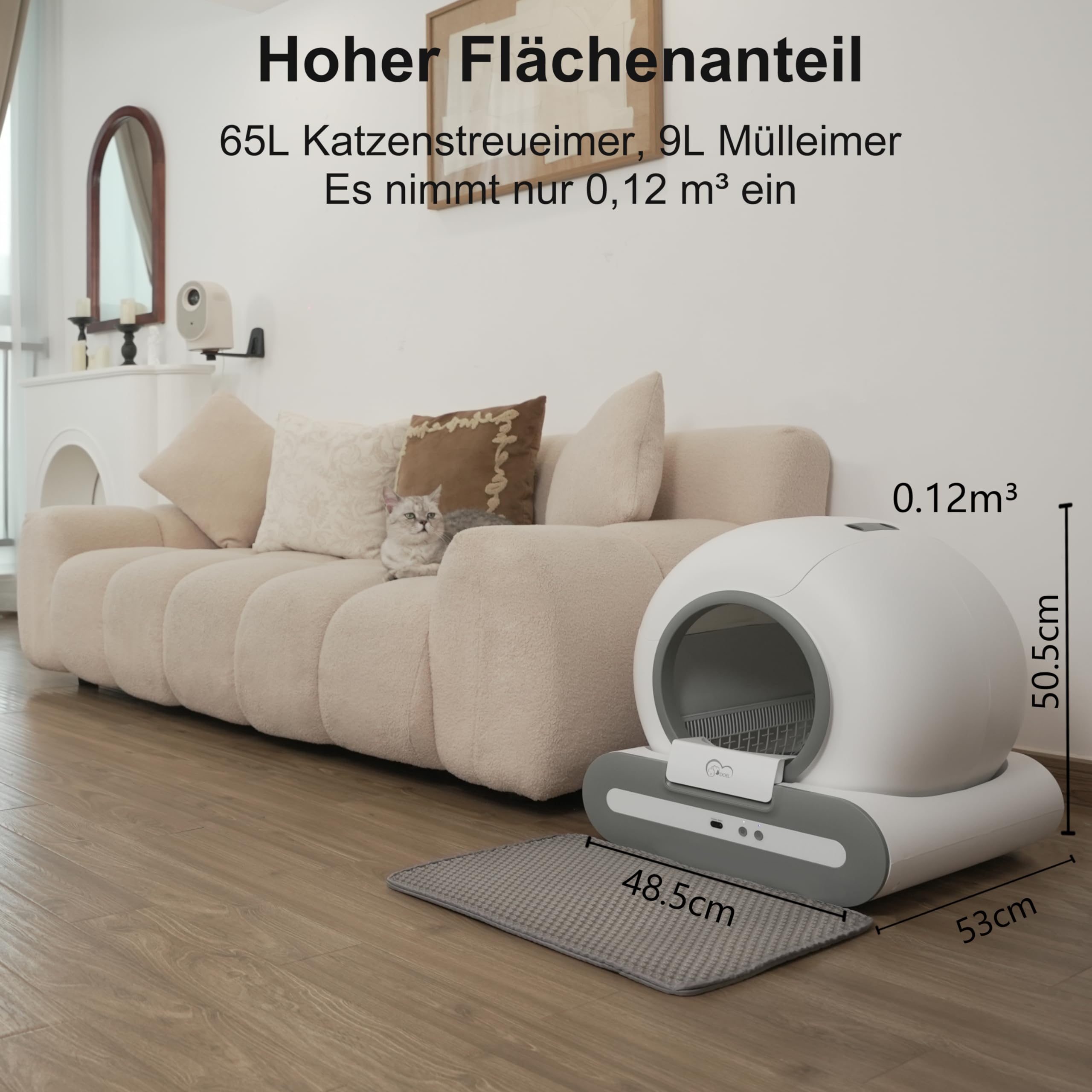 DOEL Upgrade Selbstreinigende Katzentoilette 65L Große Kapazität, Dreifacher Sicherheitsschutz, Automatische Katzentoilette APP-Gesundheitsüberwachung, Für Mehreren Katzen Geeignet mit Matte Einlagen