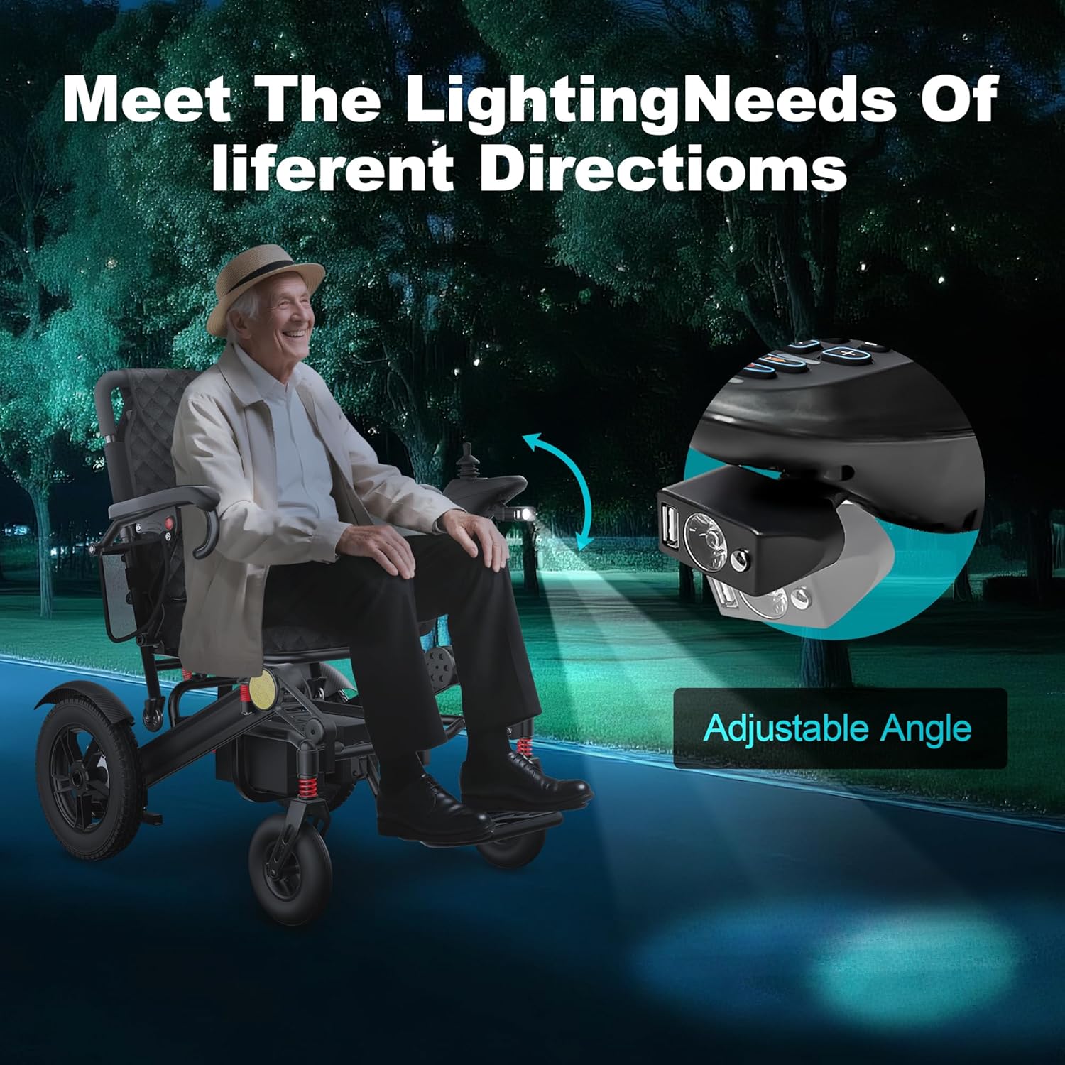 Adjustable angle LED lighting on the KERDOM Electric Wheelchair.