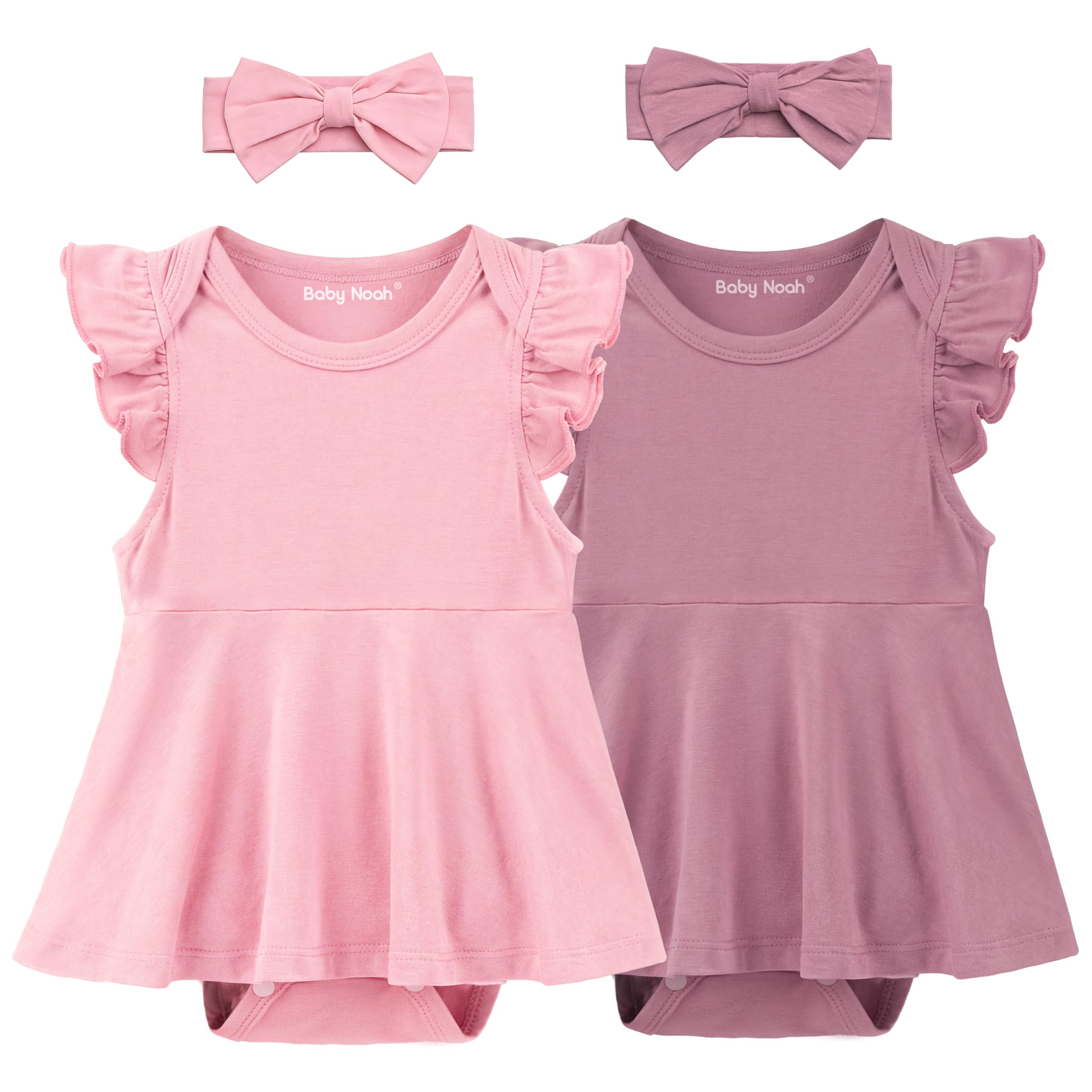 Photo 1 of 2 Pack Baby Girl Bodysuit Flutter Sleeves Dress, Cute Ruffle Romper Outfit with Headband, Newborn Infant Pajamas & Shower Gifts 0-12 Months (Sweet Pink+Pink, 0-3 Months)