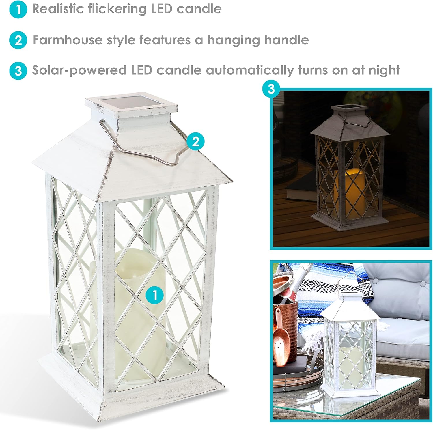 Sunnydaze Concord 11-Inch Solar LED Decorative Candle Lantern -Tabletop/Hanging Light - White