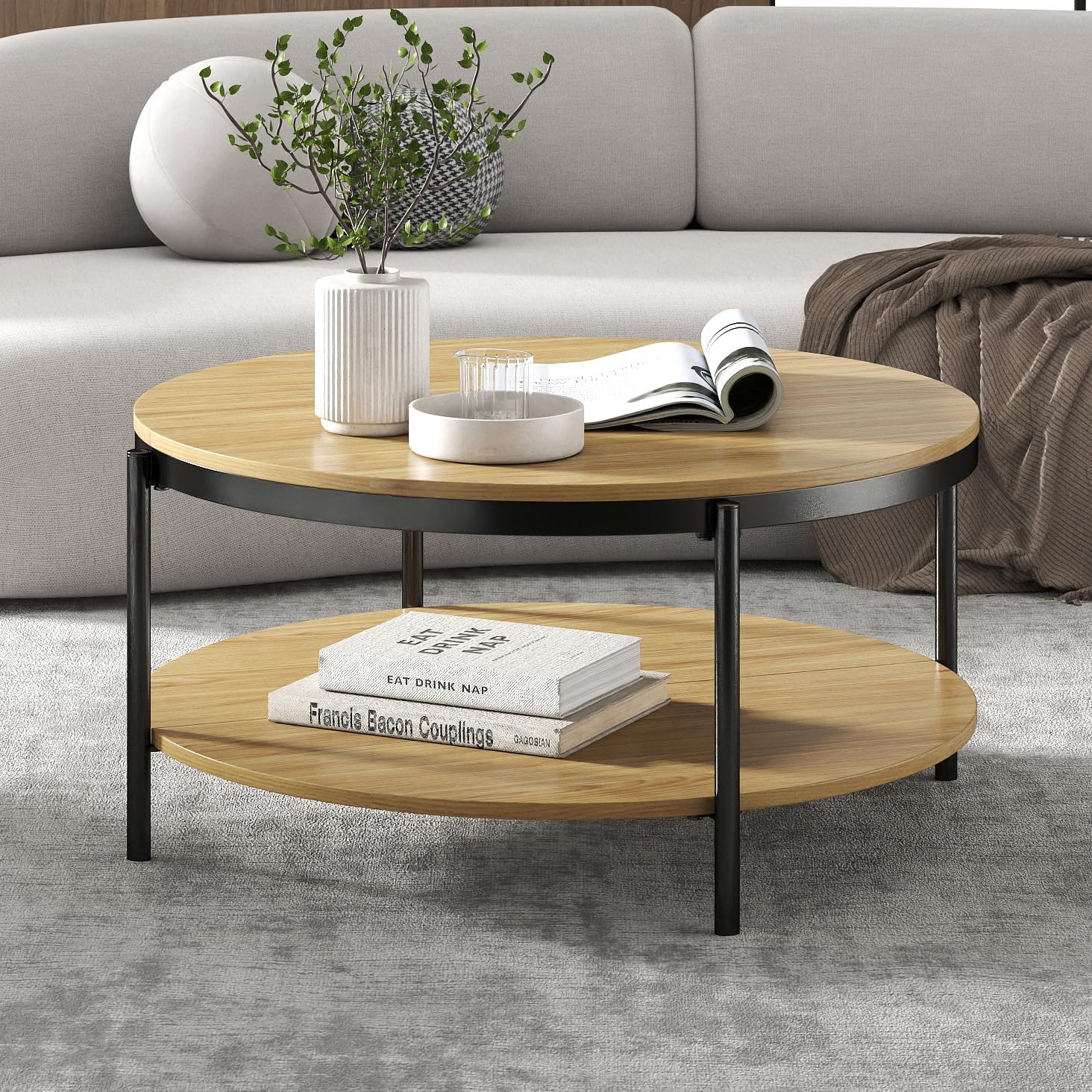 Manora Round Coffee Table with Storage Shelf, Rustic Wood Center Table with Black Metal Frame, Modern Circle Living Room Table for Small Spaces (Oak)