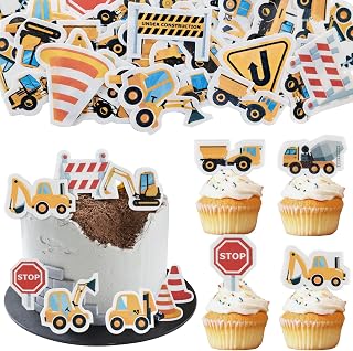 Morofme Edible Construction Cake Toppers Vehicles Cake Decorations Excavator Crane Cupcake Topper Sugar-free Wafer Paper Traffic Road Sign Cake Decor Truck Theme Birthday Party Supplies 64pcs
