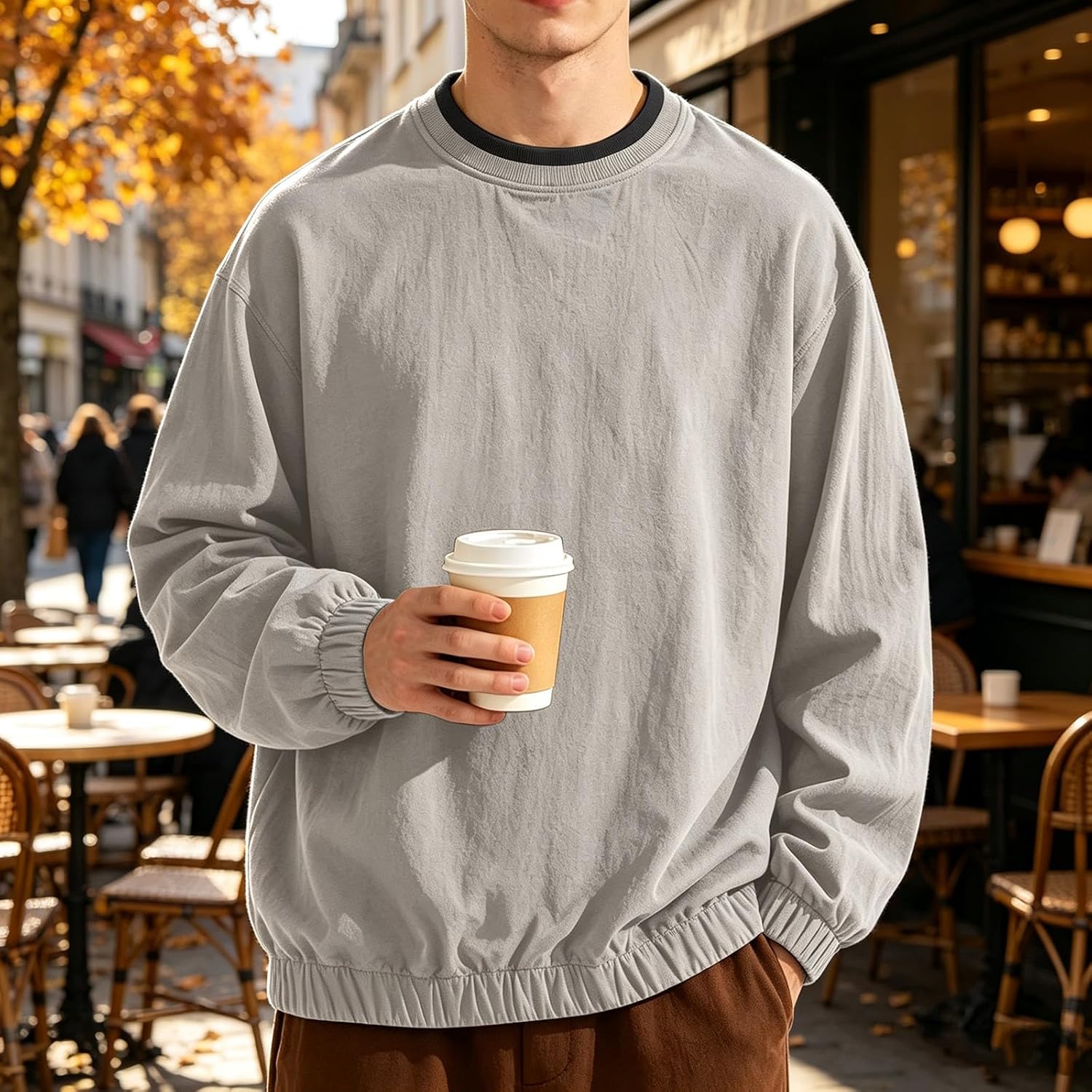 Mens Contrast Crew Neck Shirts Oversized Long Sleeve Pullover Tops
