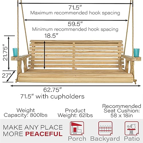 Miniatura 6 de Hamaca Amish resistente para pórtico, 800Lb, con sogas colgantes y posavasos, Unfinished
