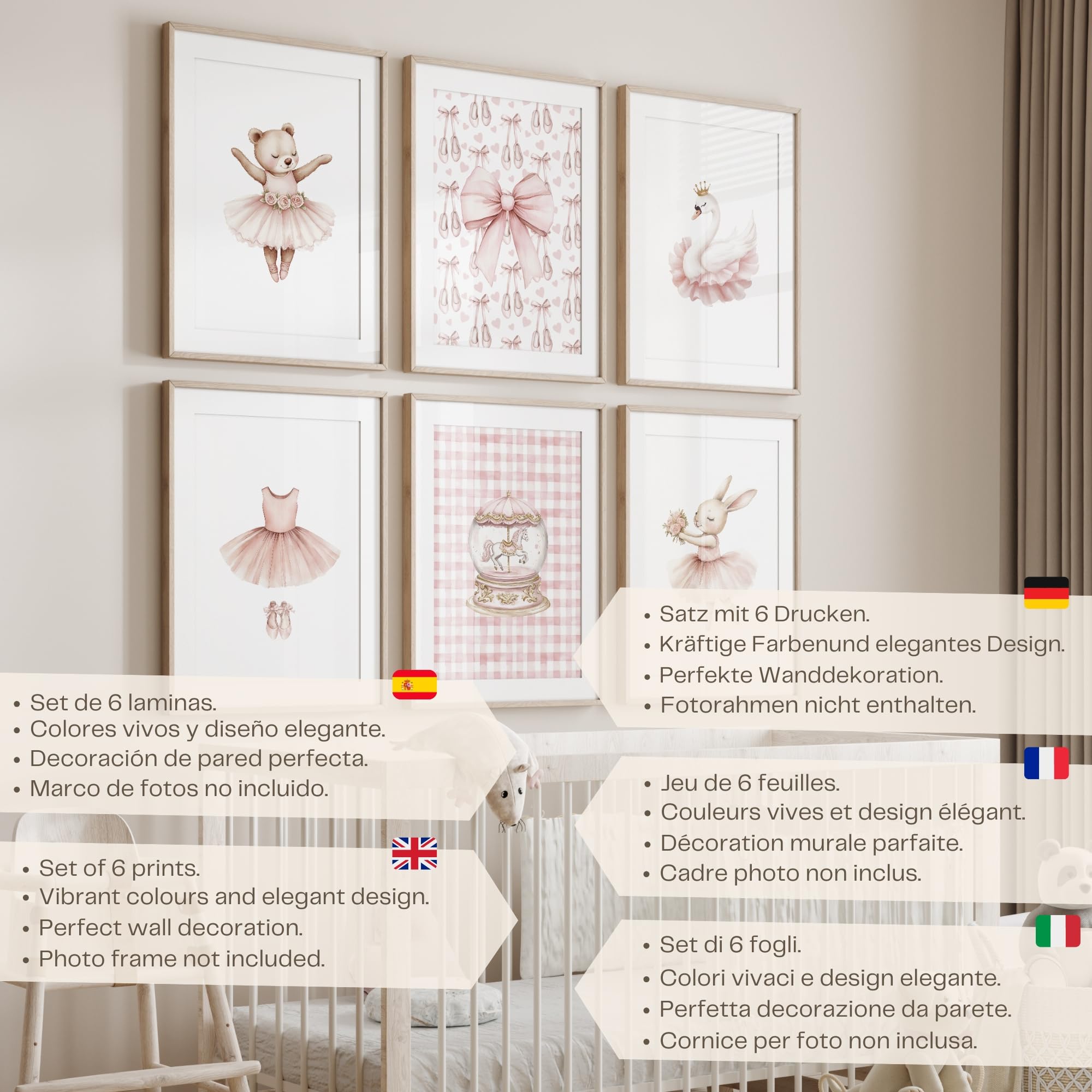 ayurvana Set de 6 Láminas Infantiles de Ballet – Cuadros de Bailarinas en Acuarela con Lazos y Tul – Decoración Completa Habitación Niña y Bebé Estilo Coquette – Regalo Nacimiento – A4 SIN MARCO Rosa
