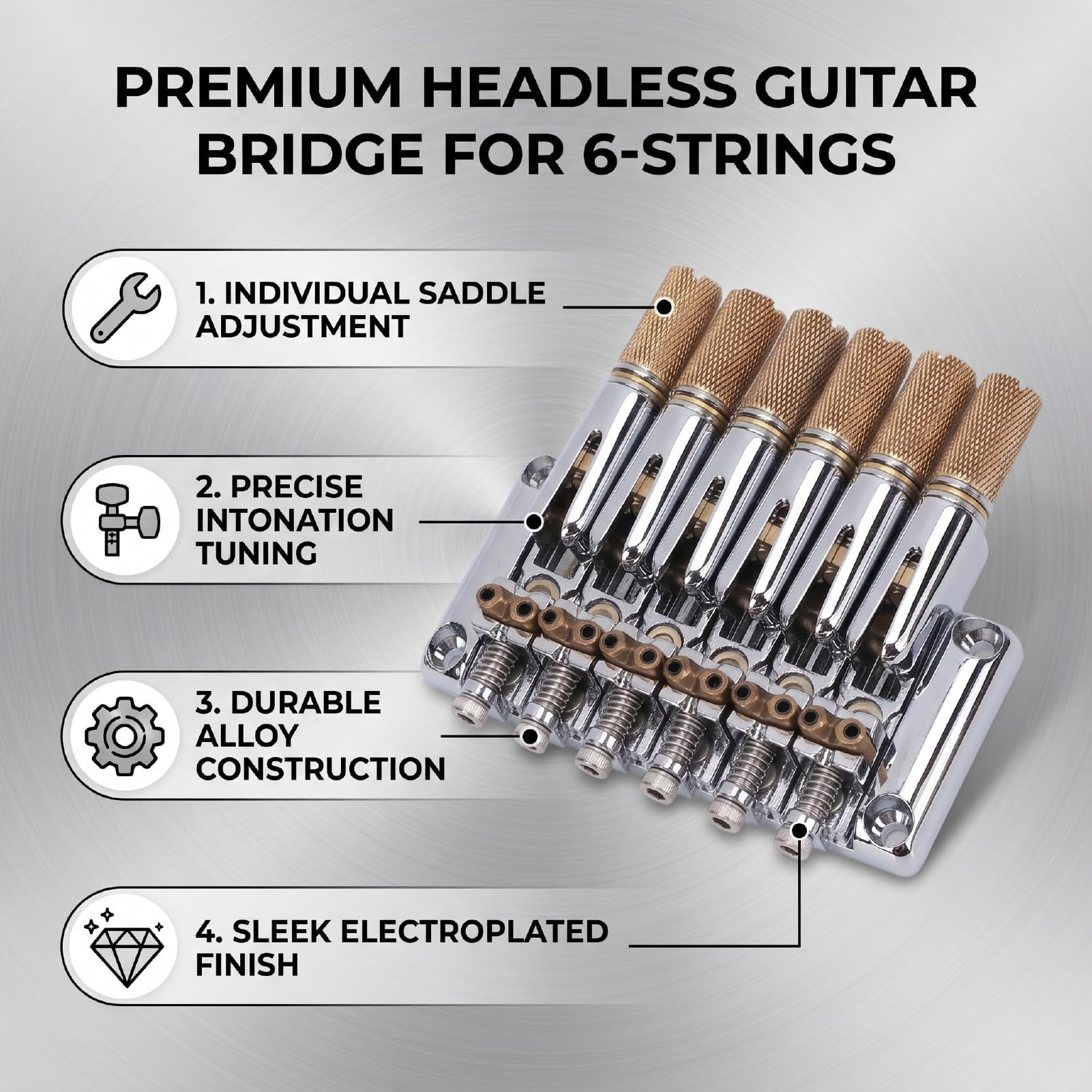 Naroote Puente de Guitarra sin Cabeza de 6 Cuerdas, Silla de Montar Ajustable, Puente Eléctrico de Aleación con Chapado en Oro Plateado para Guitarra Eléctrica sin Cabeza